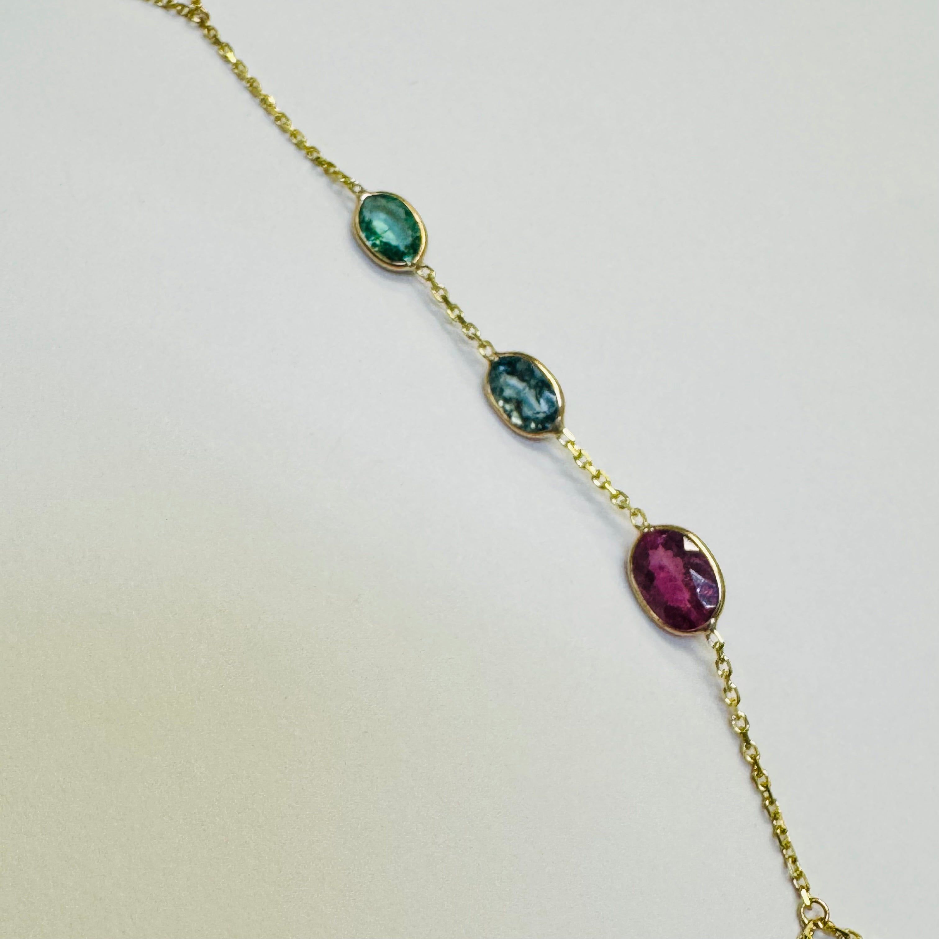 14K Yellow Gold Multi Green and Pink Tourmaline Handchain