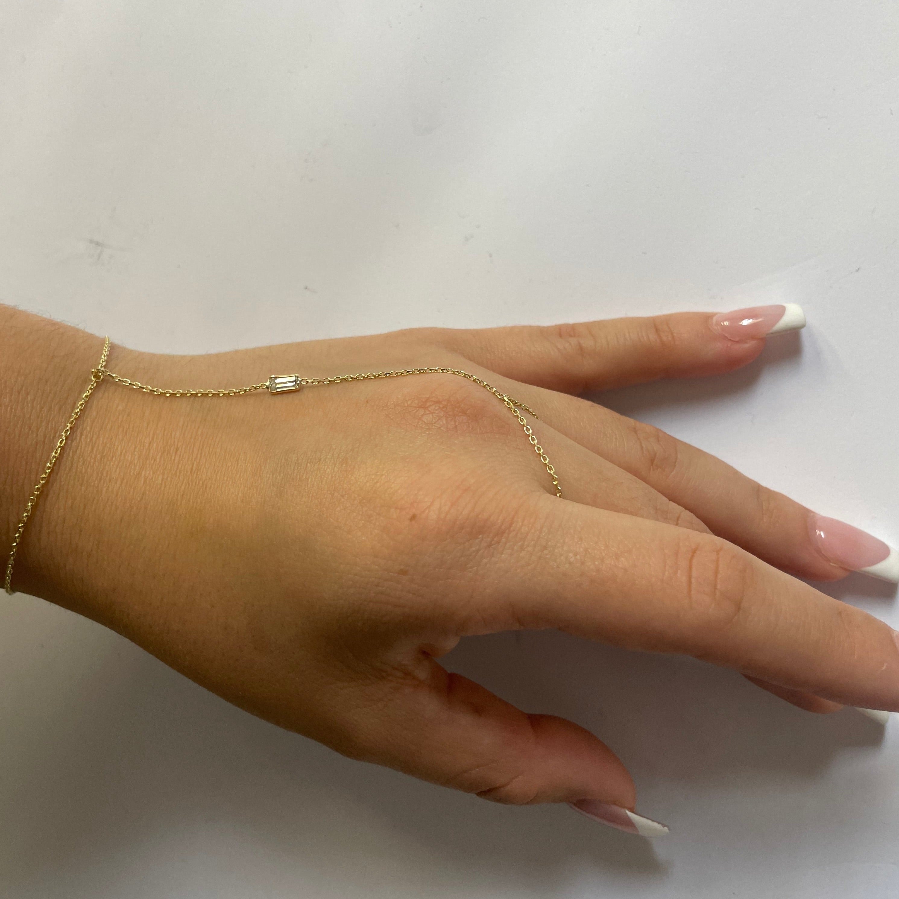 Long Baguette Diamond Solid 14K Yellow Gold Handchain Bracelet