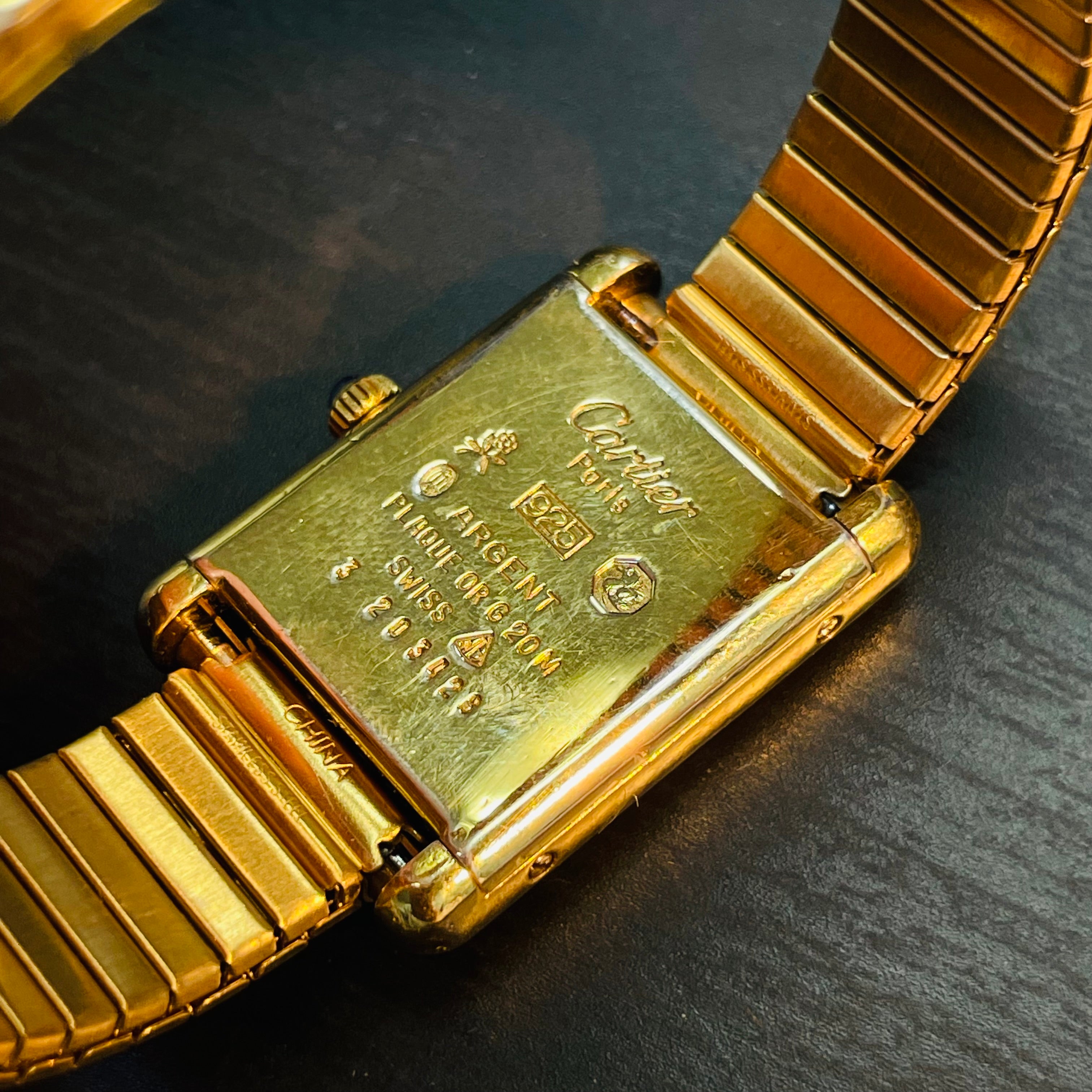 20x26mm Tri Tone Gold Vermeil Must de Cartier Tank Watch with Tubogas Stretch Band