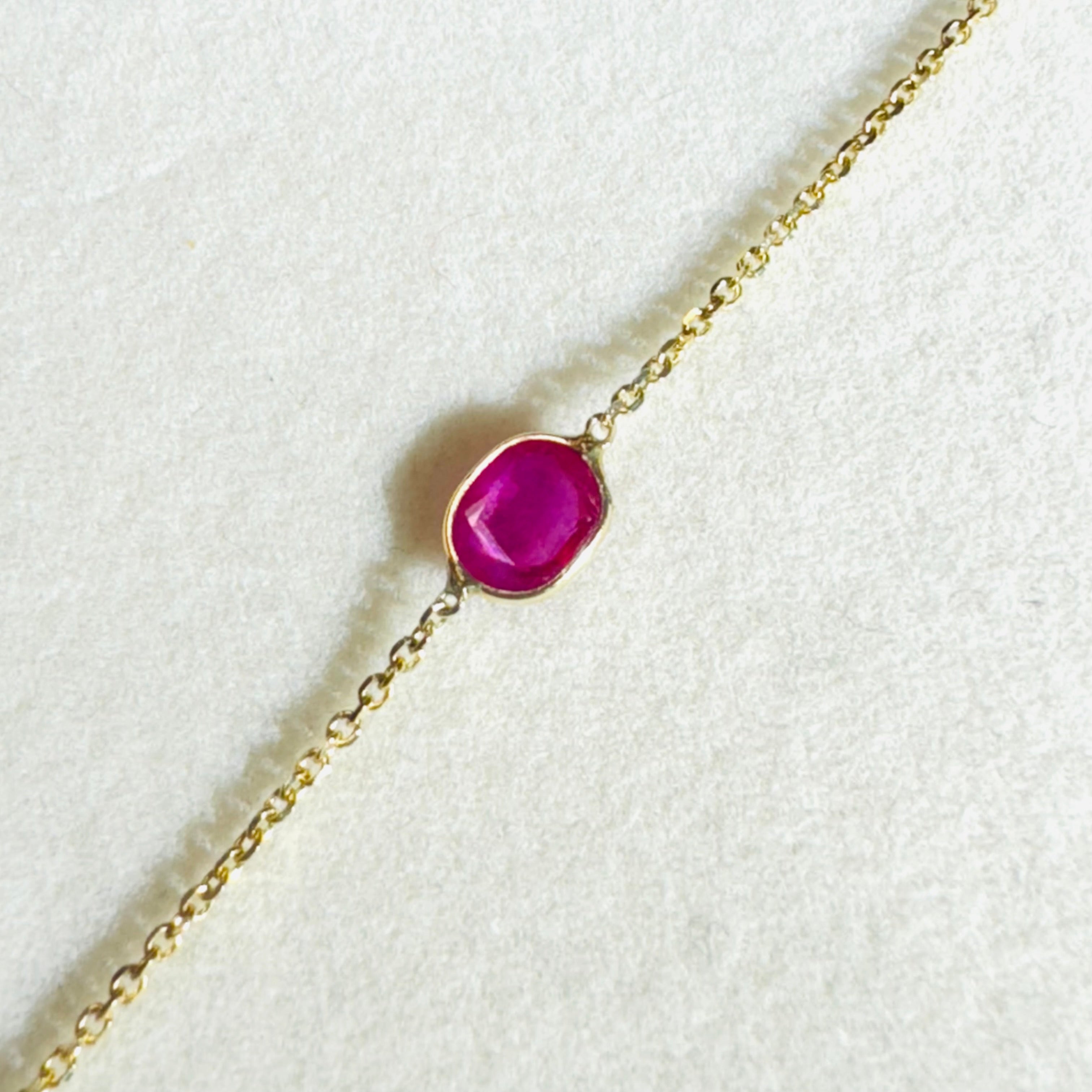 Oval Ruby Hand Chain Bracelet in Solid 14K Yellow Gold