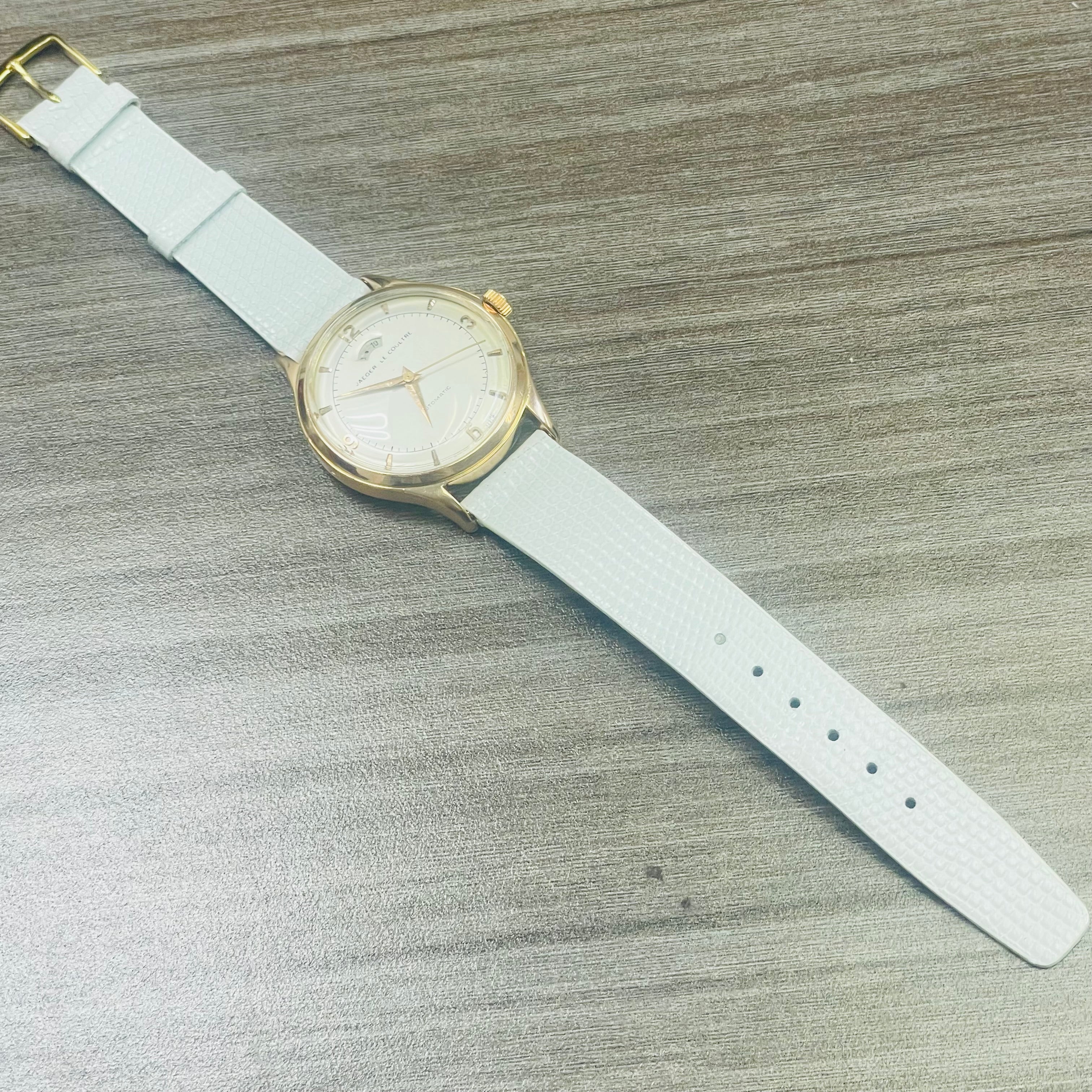 34mm Jaeger-LeCoultre Solid 18K Rose Gold Power Reserve Bumper Automatic Wristwatch with Leather Strap