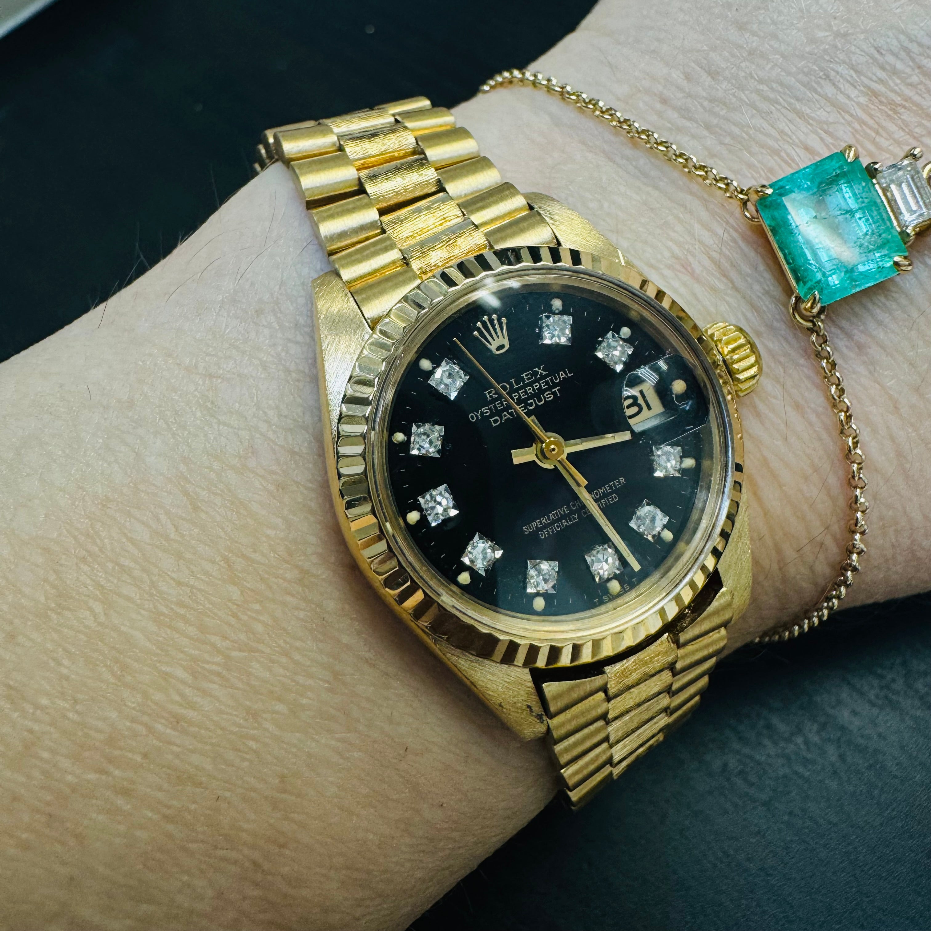 26mm 18K Yellow Gold Vintage Ladies Rolex President Wristwatch with Diamond Dial