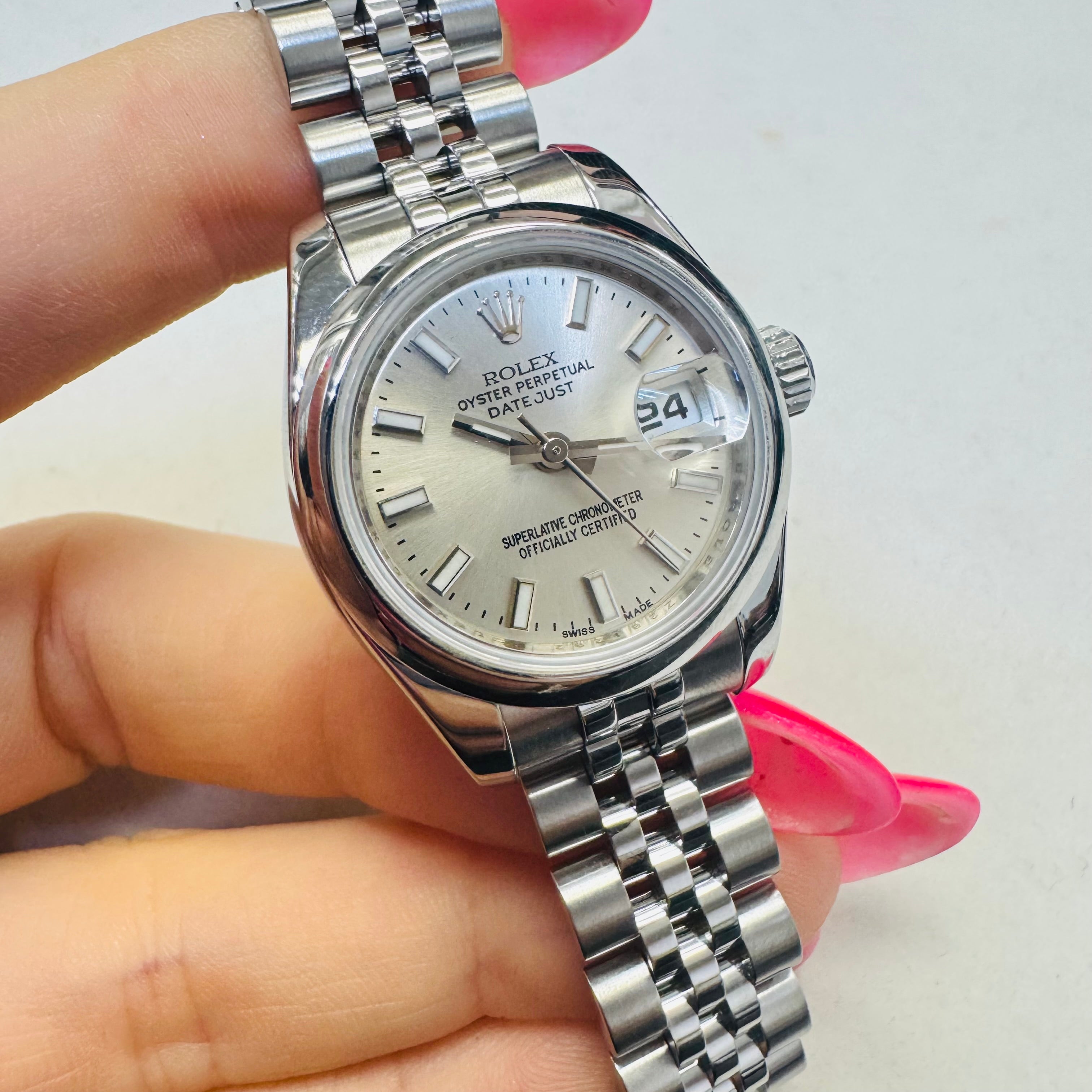 28MM Stainless Steel Rolex DateJust 2007 with Silver Stick Dial Bezel Engraved