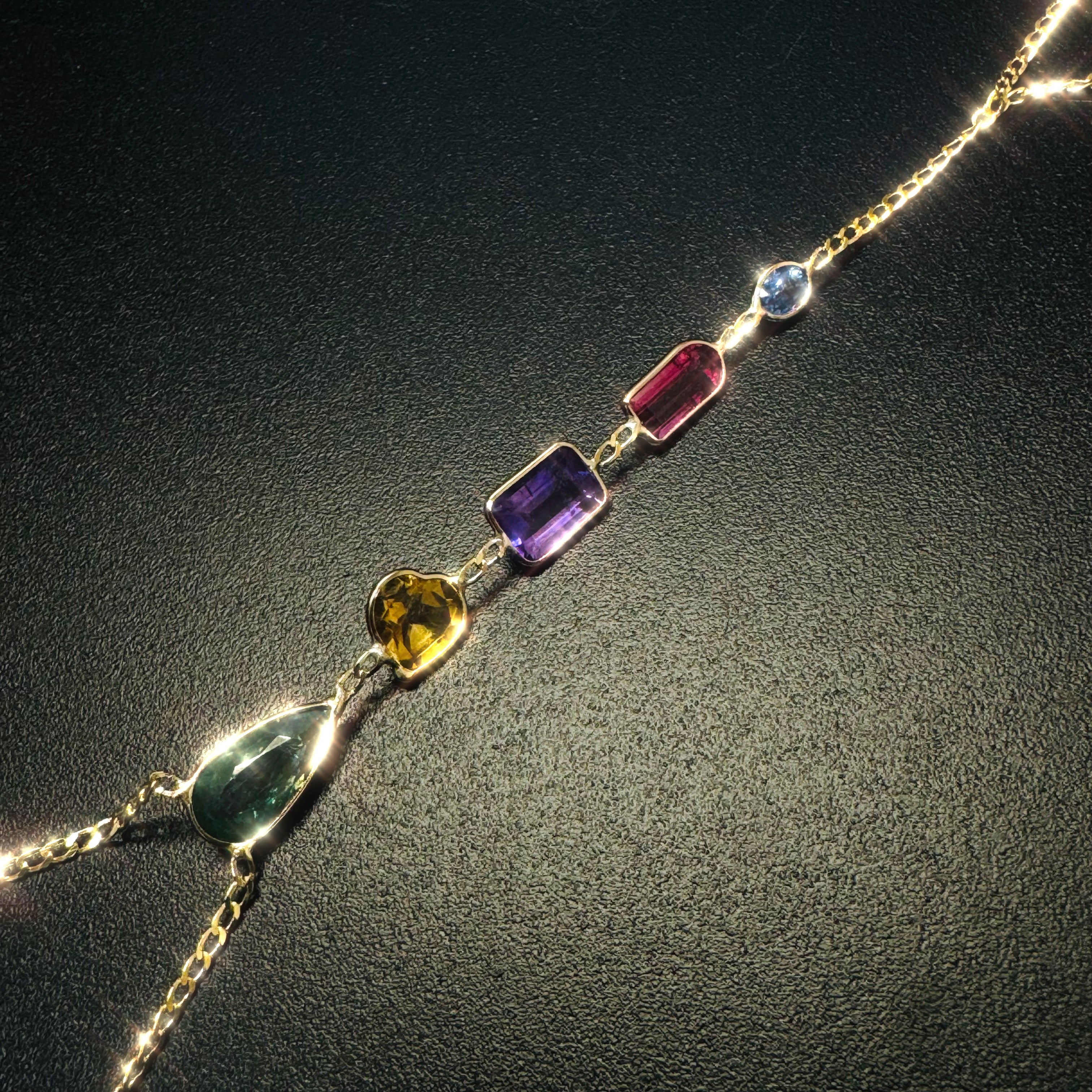 Multi Gem 14K Yellow Gold Curb Link Handchain