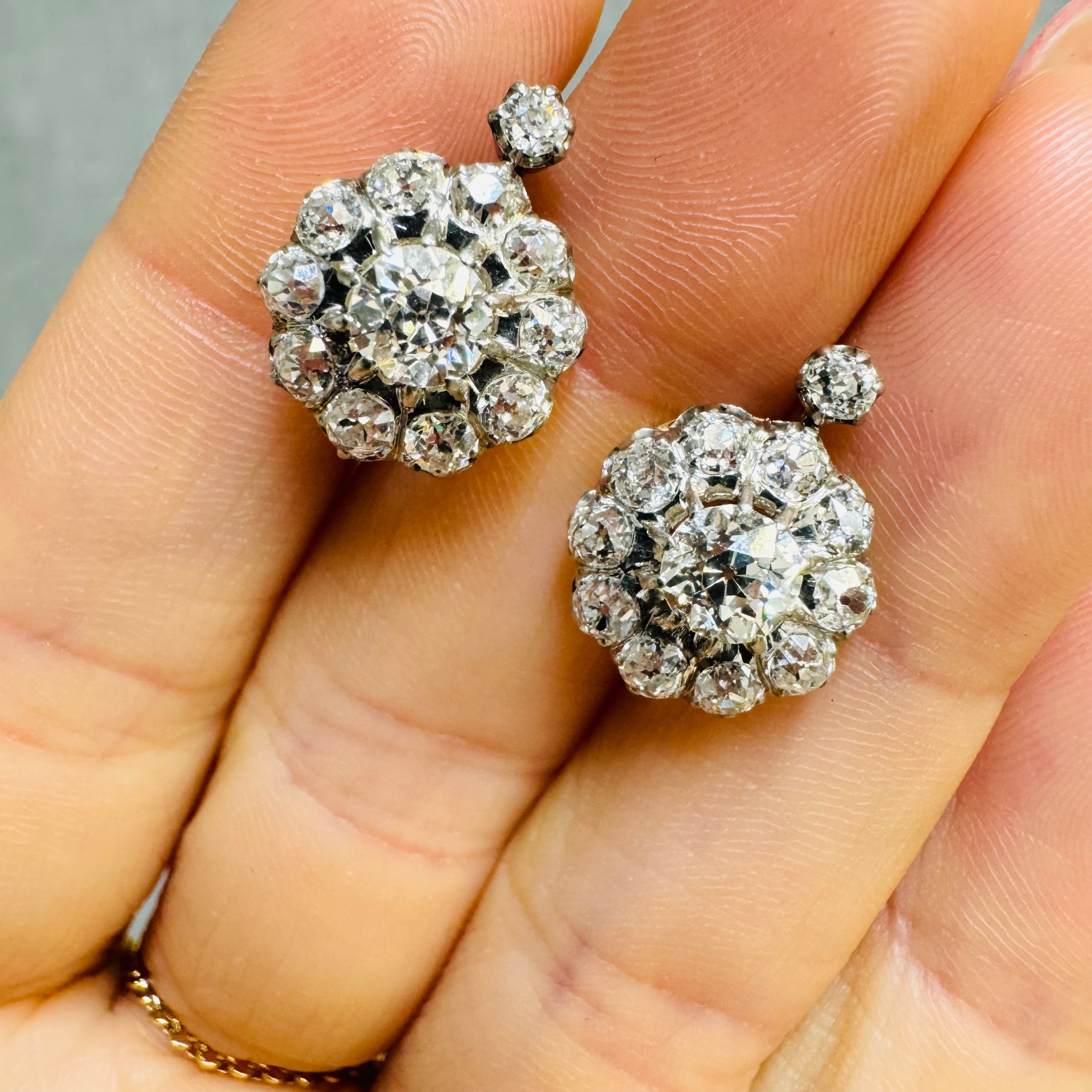 4CTW Old Mine Diamond Cluster Earring Studs with French Backs