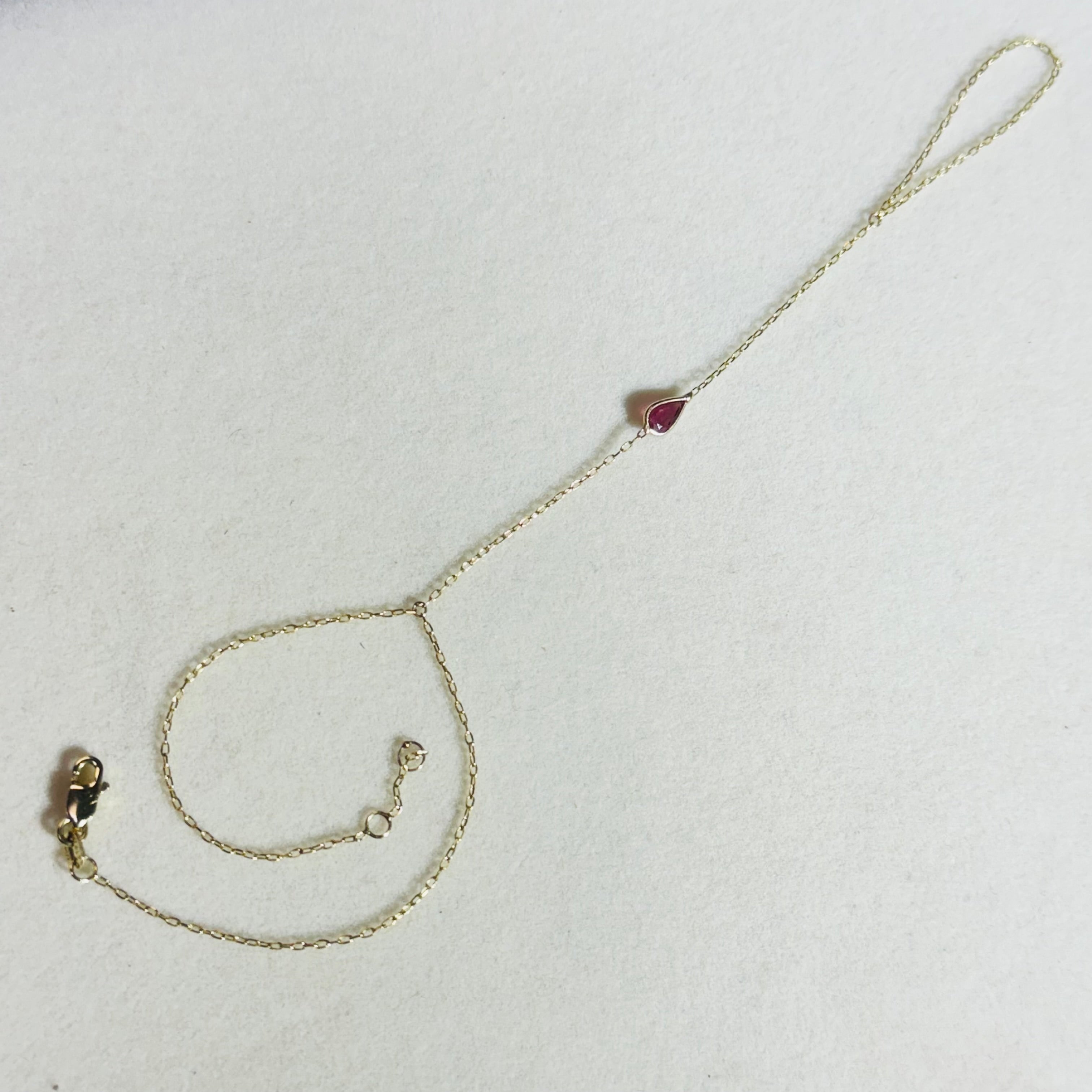 Pear Cut Ruby Hand Chain Bracelet in solid 14K Yellow Gold