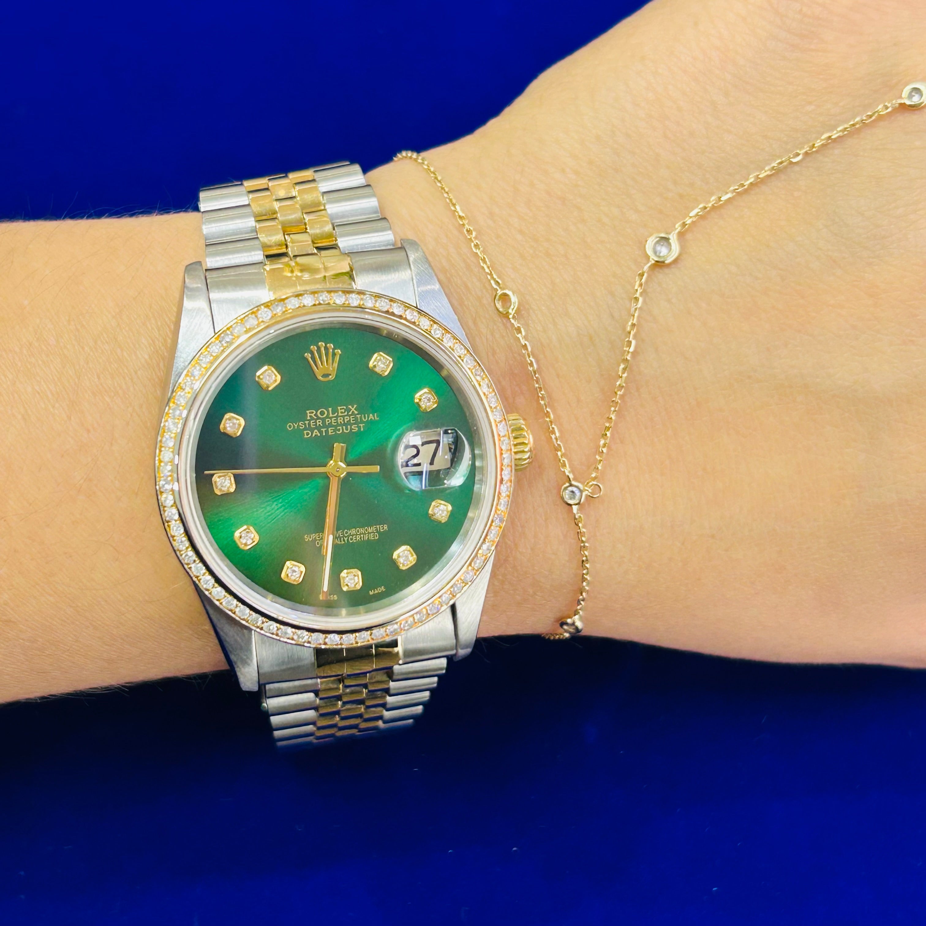 Rolex 36mm Datejust | Ref 16233 | Green Diamond Dial & Diamond Bezel | Jubilee 18k Yellow Gold & Stainless