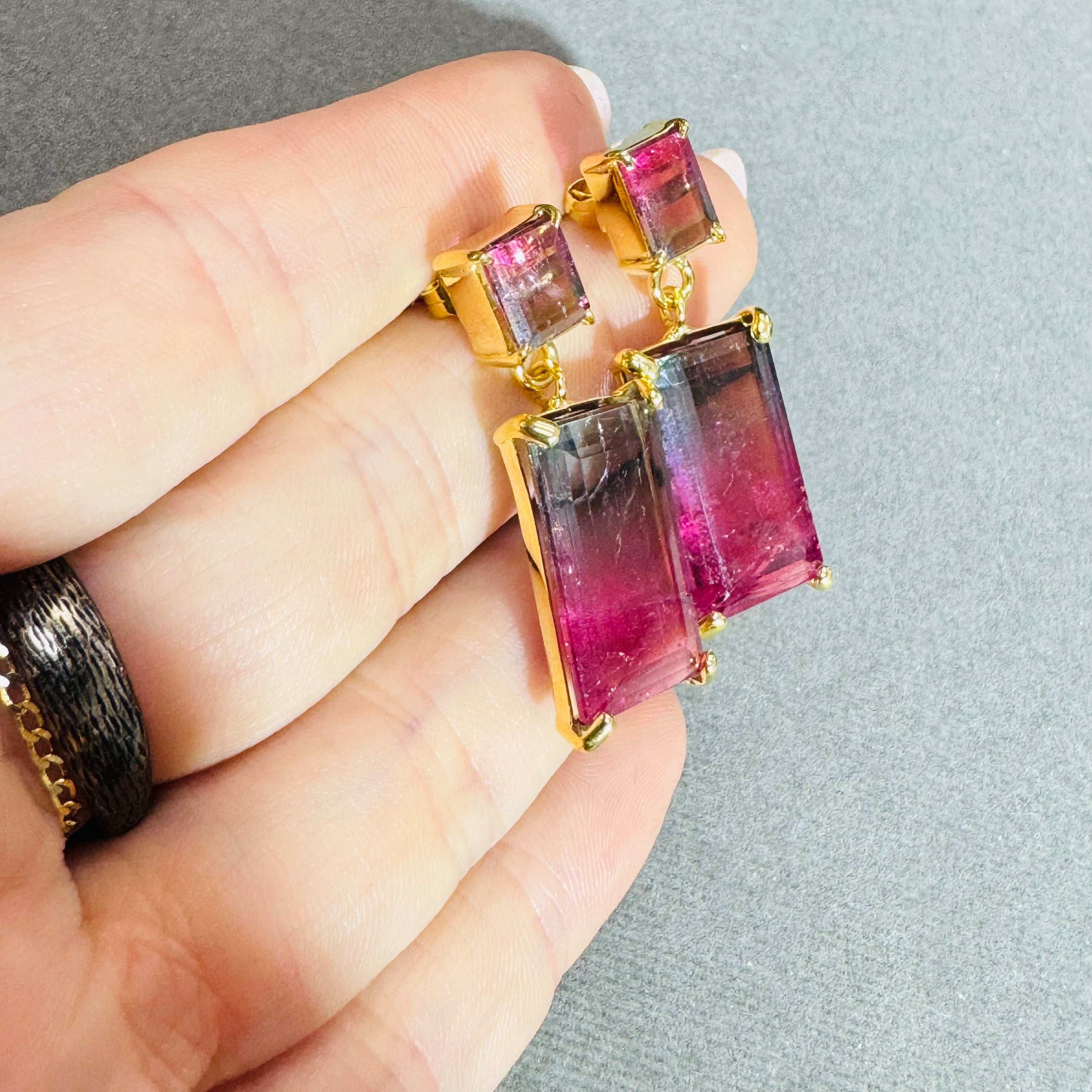 Bi-Color Pink Tourmaline 14K Yellow Gold Drop Earrings