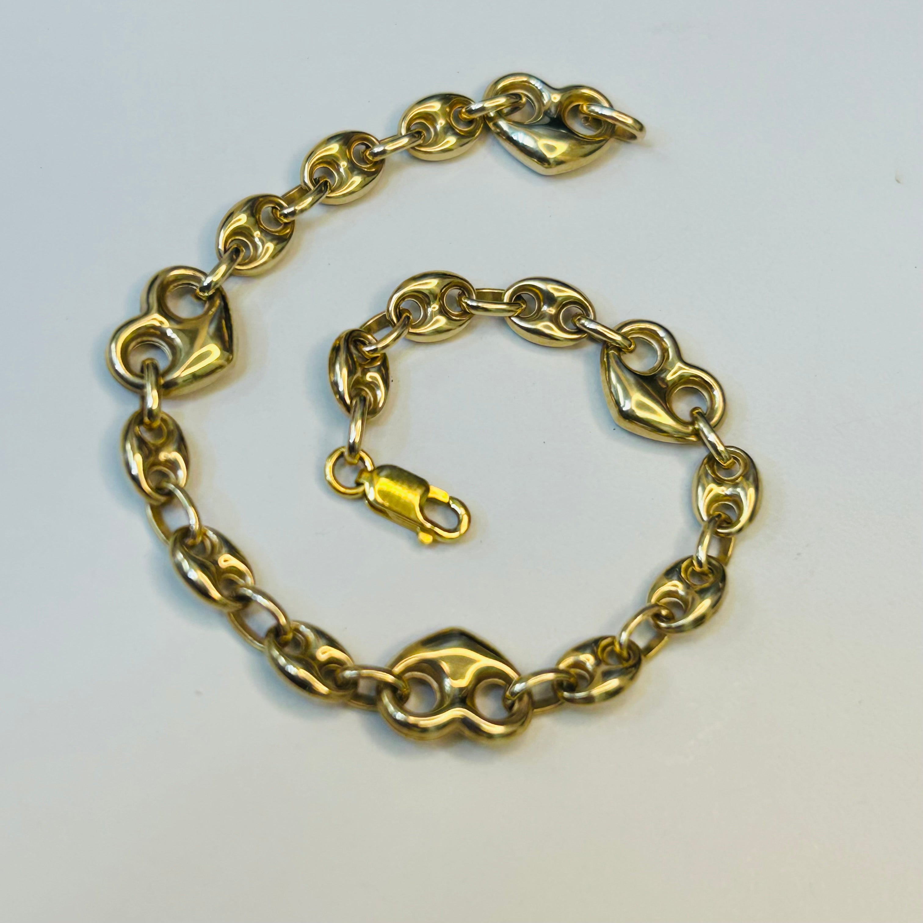 8mm 10K Yellow Gold Wide Heart Mariner Gucci Link Bracelet