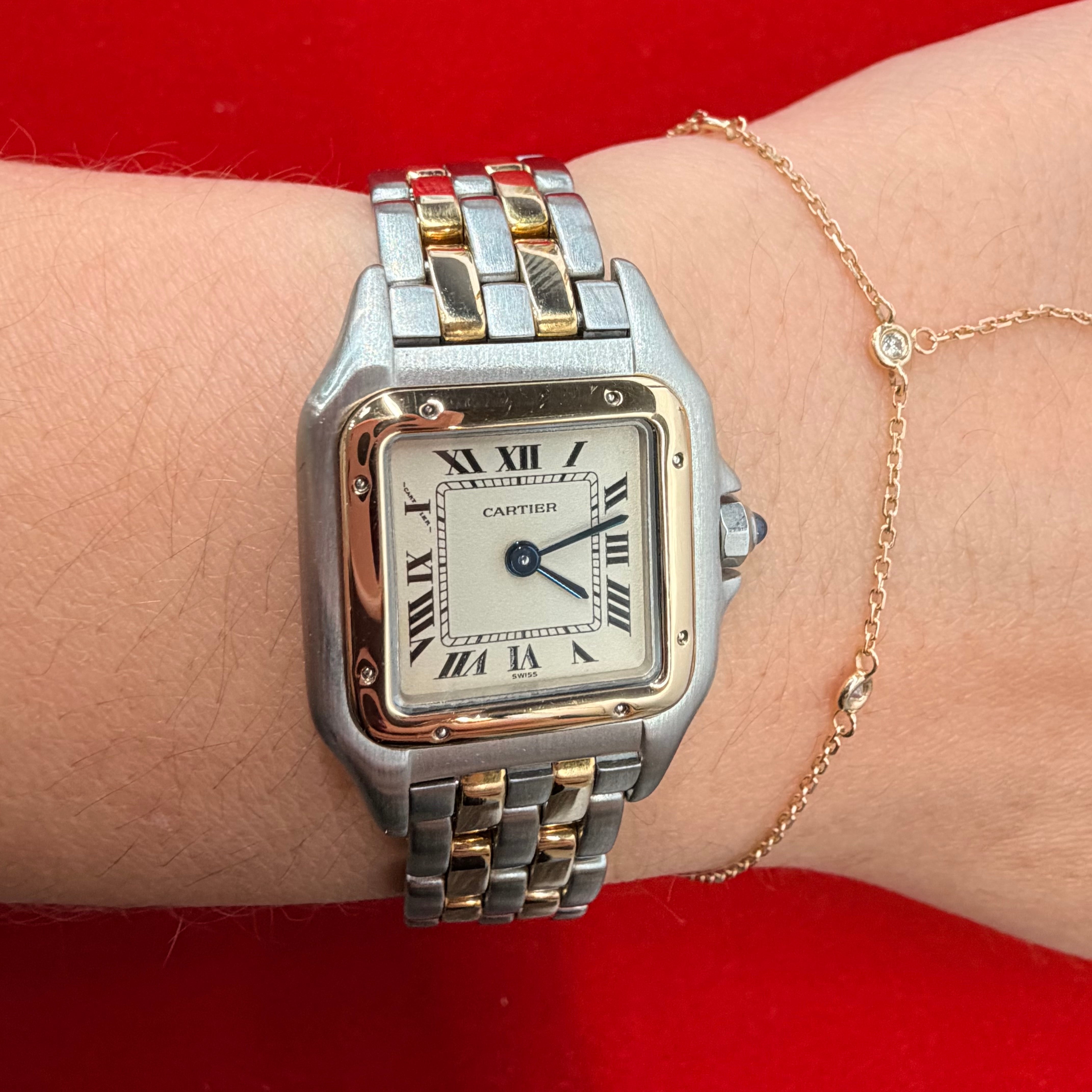 Vintage 18K Yellow Gold & Stainless Steel Small Panthere Quartz Wrist Watch Two Row Gold