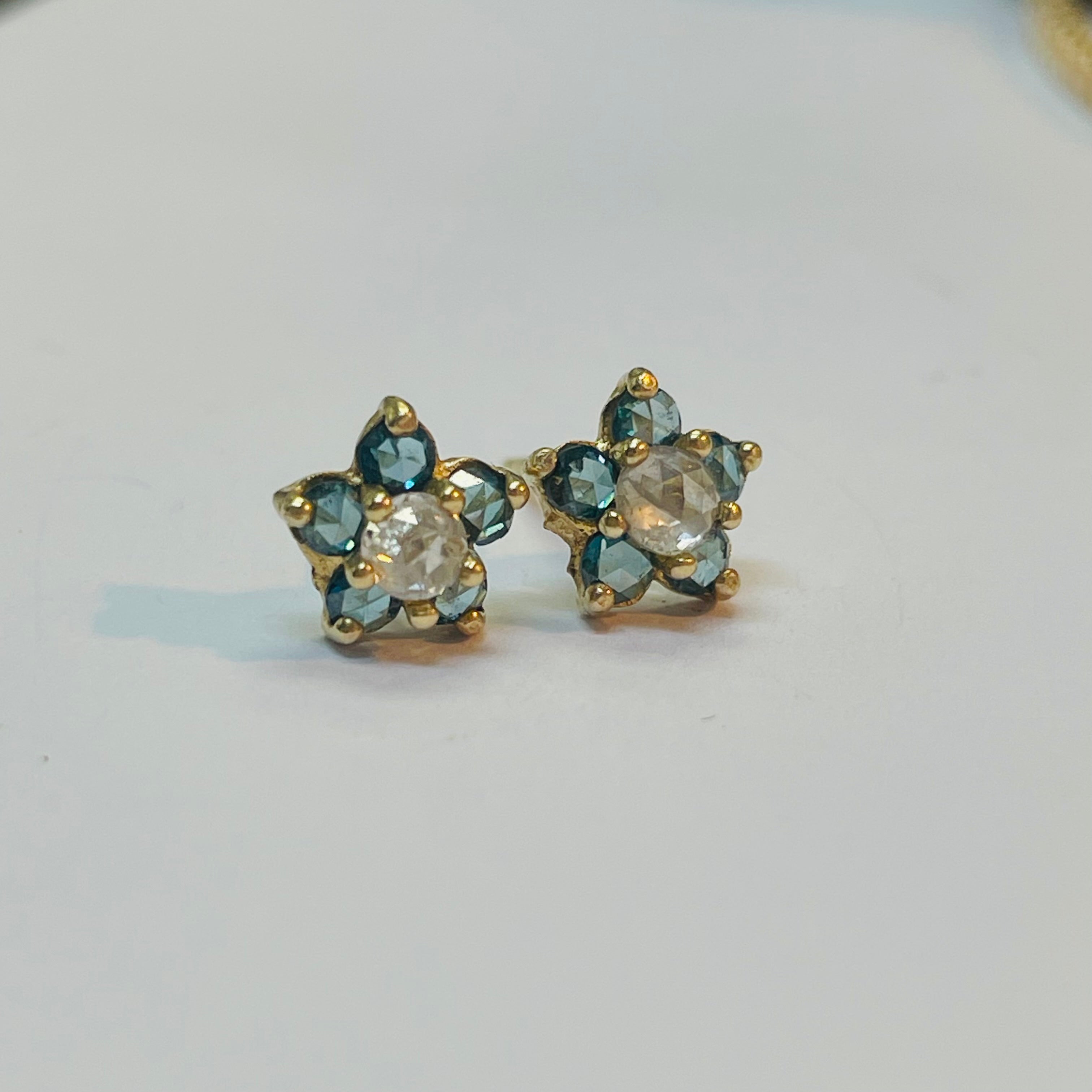 Rose Cut Blue Diamond Stud Earrings 14K Yellow Gold