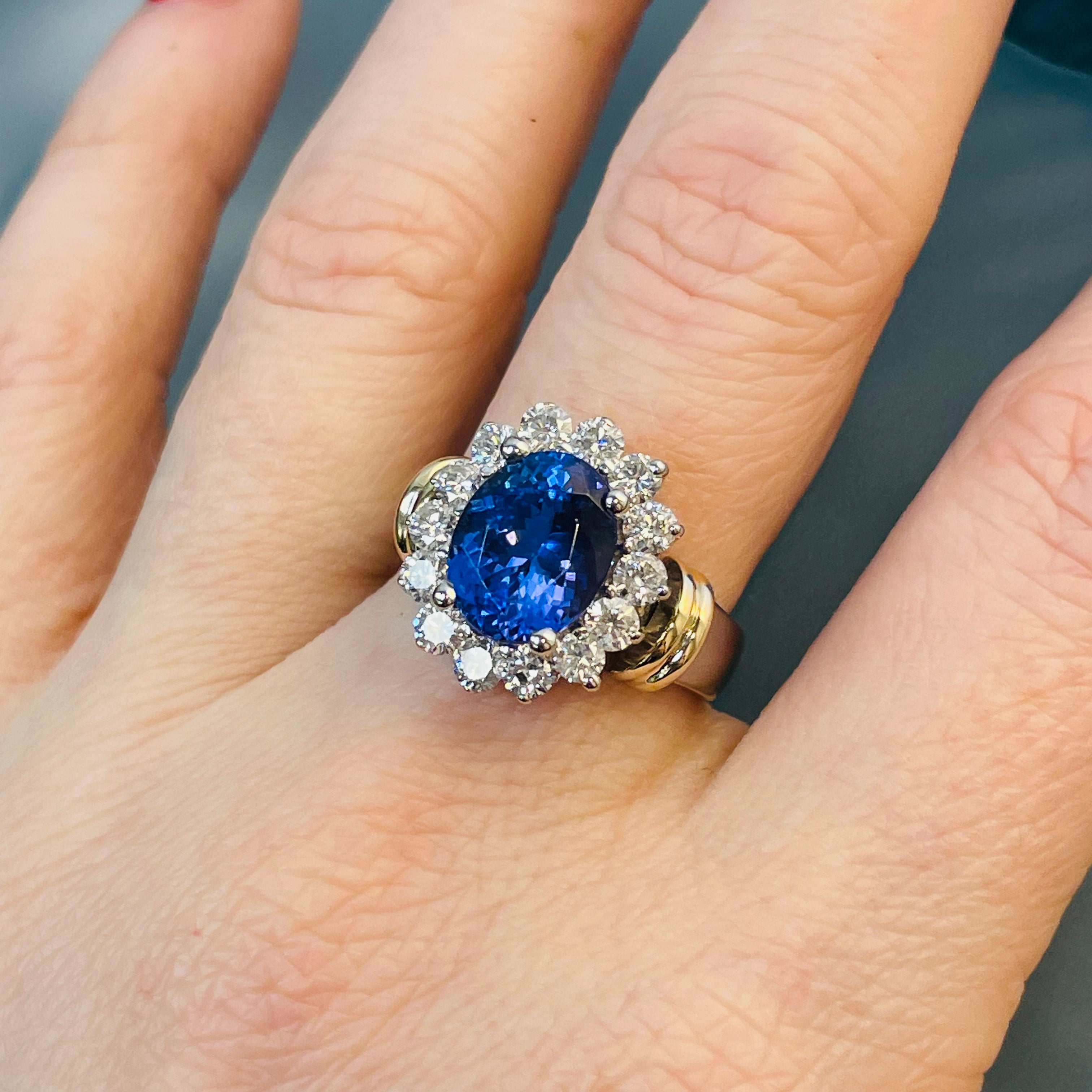 Magnificent Tanzanite and Diamond Halo Cocktail Ring 18K White Gold