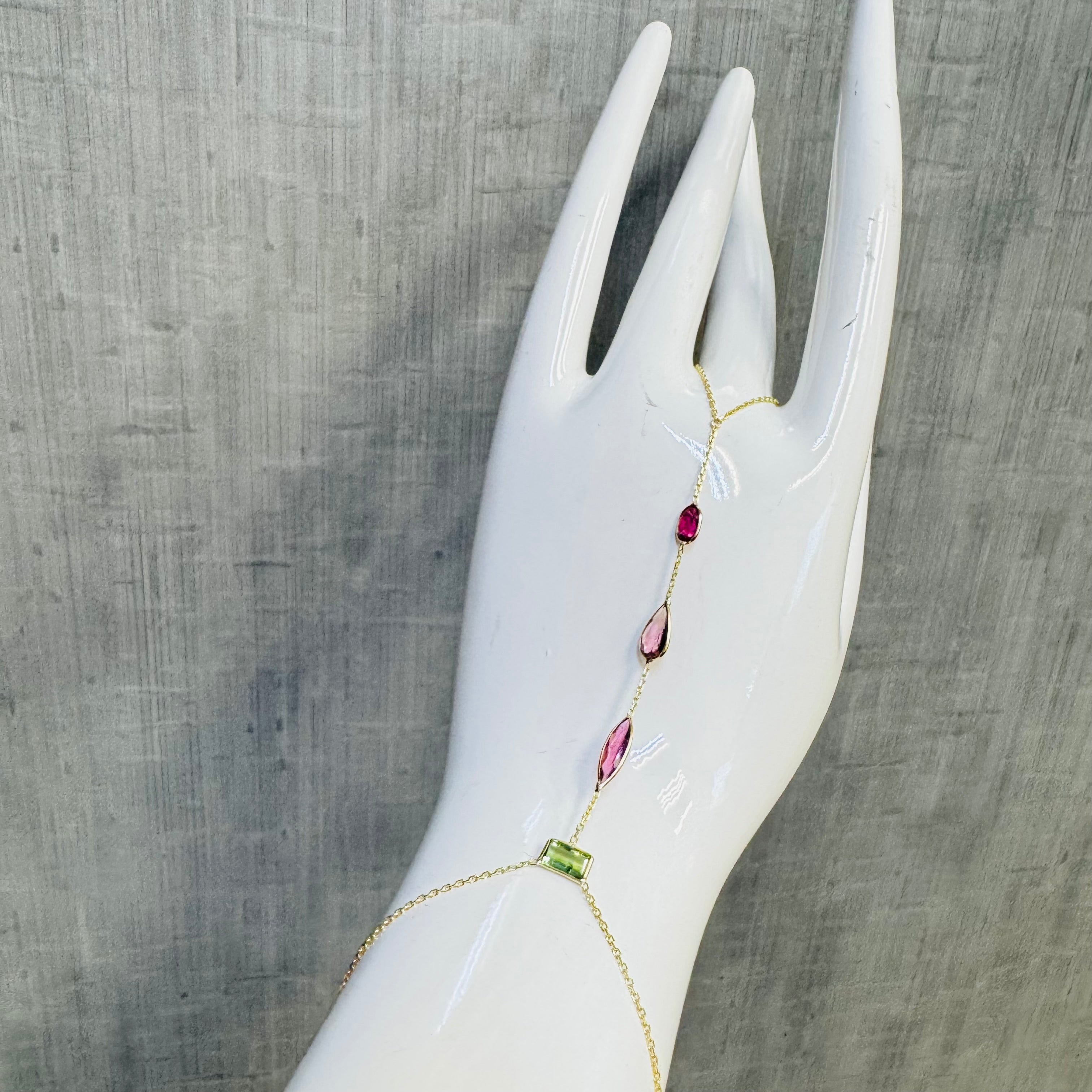 14K Yellow Gold Multi Green and Pink Tourmaline Handchain