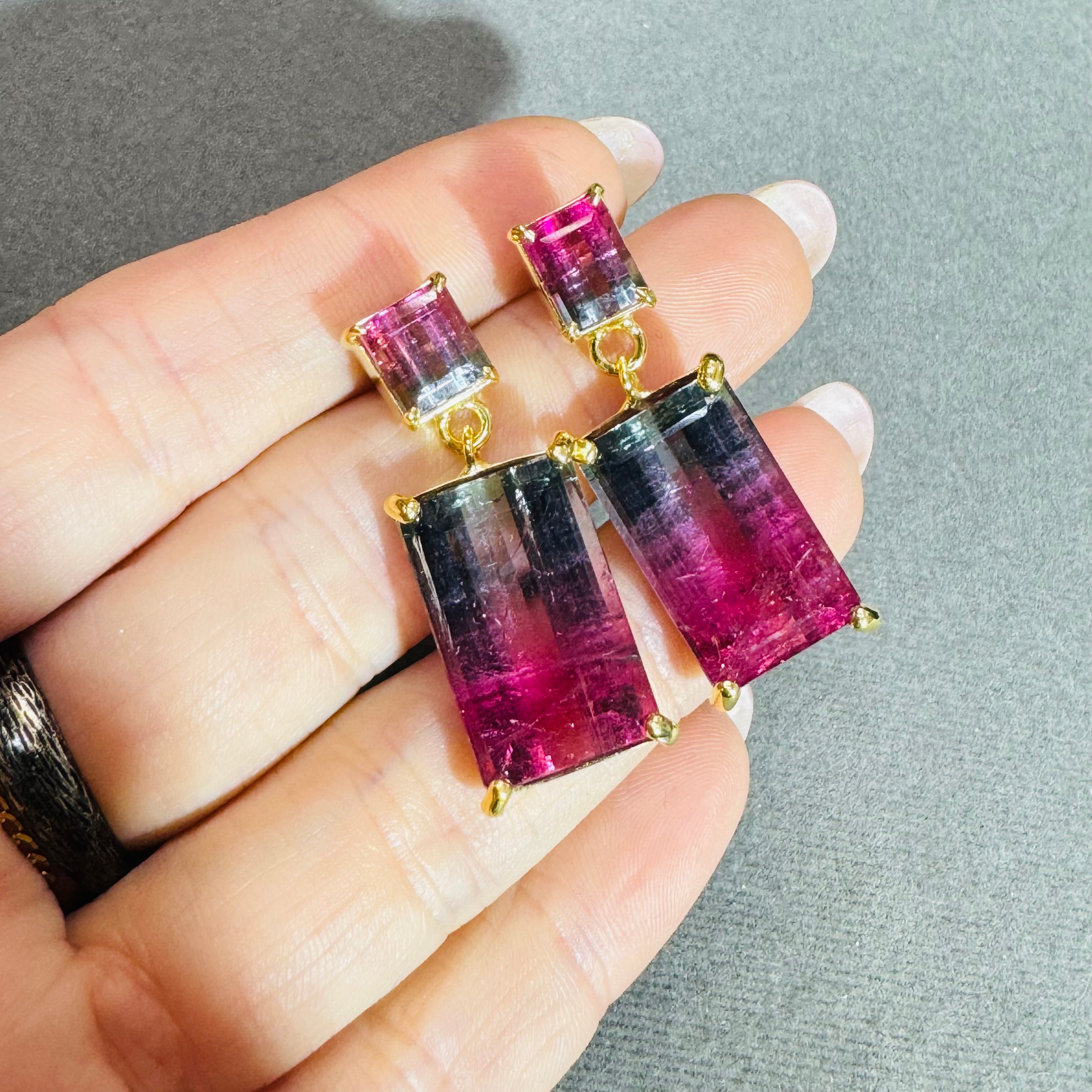 Bi-Color Pink Tourmaline 14K Yellow Gold Drop Earrings