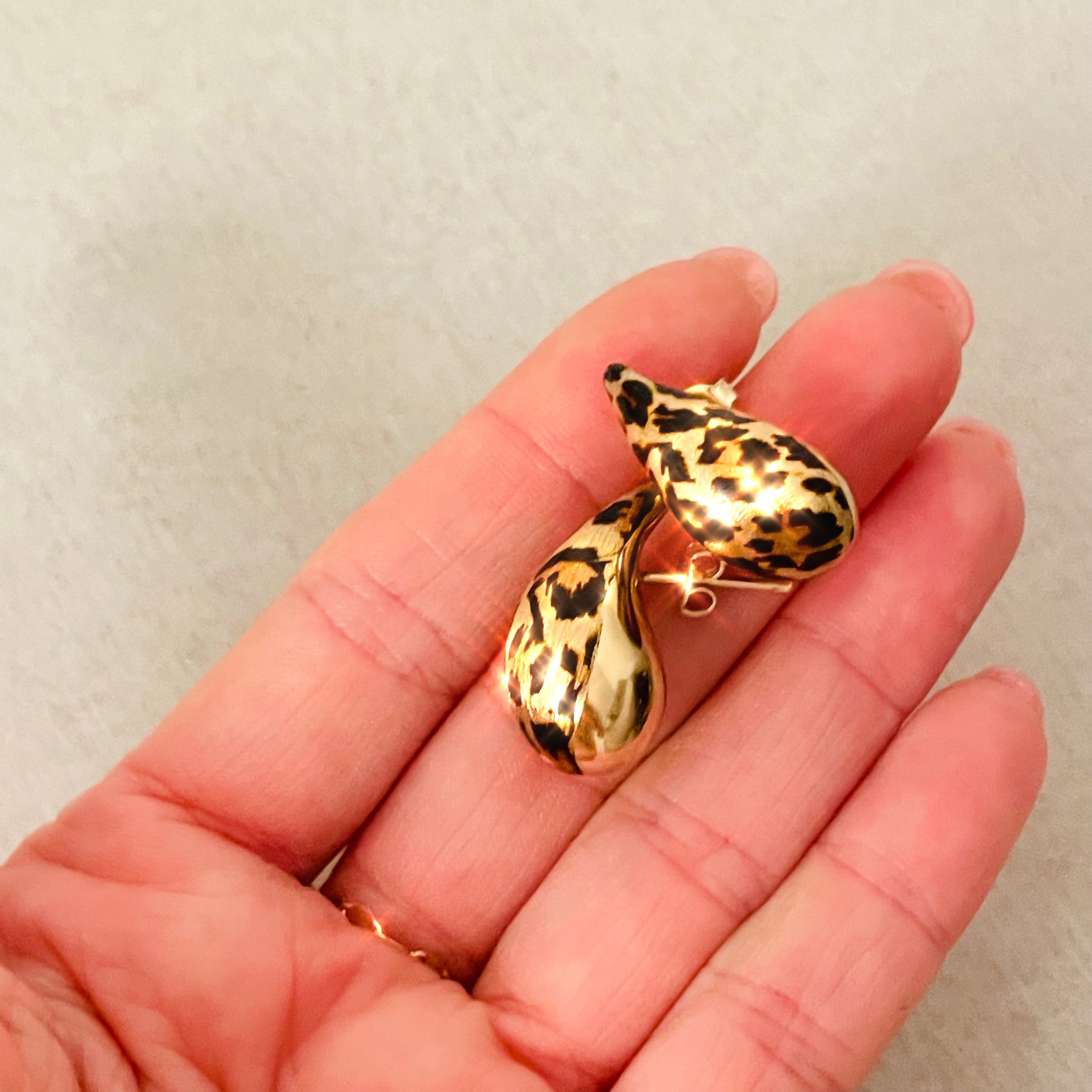 1” Leopard Print Enamel 14K Yellow Gold Teardrop Earrings