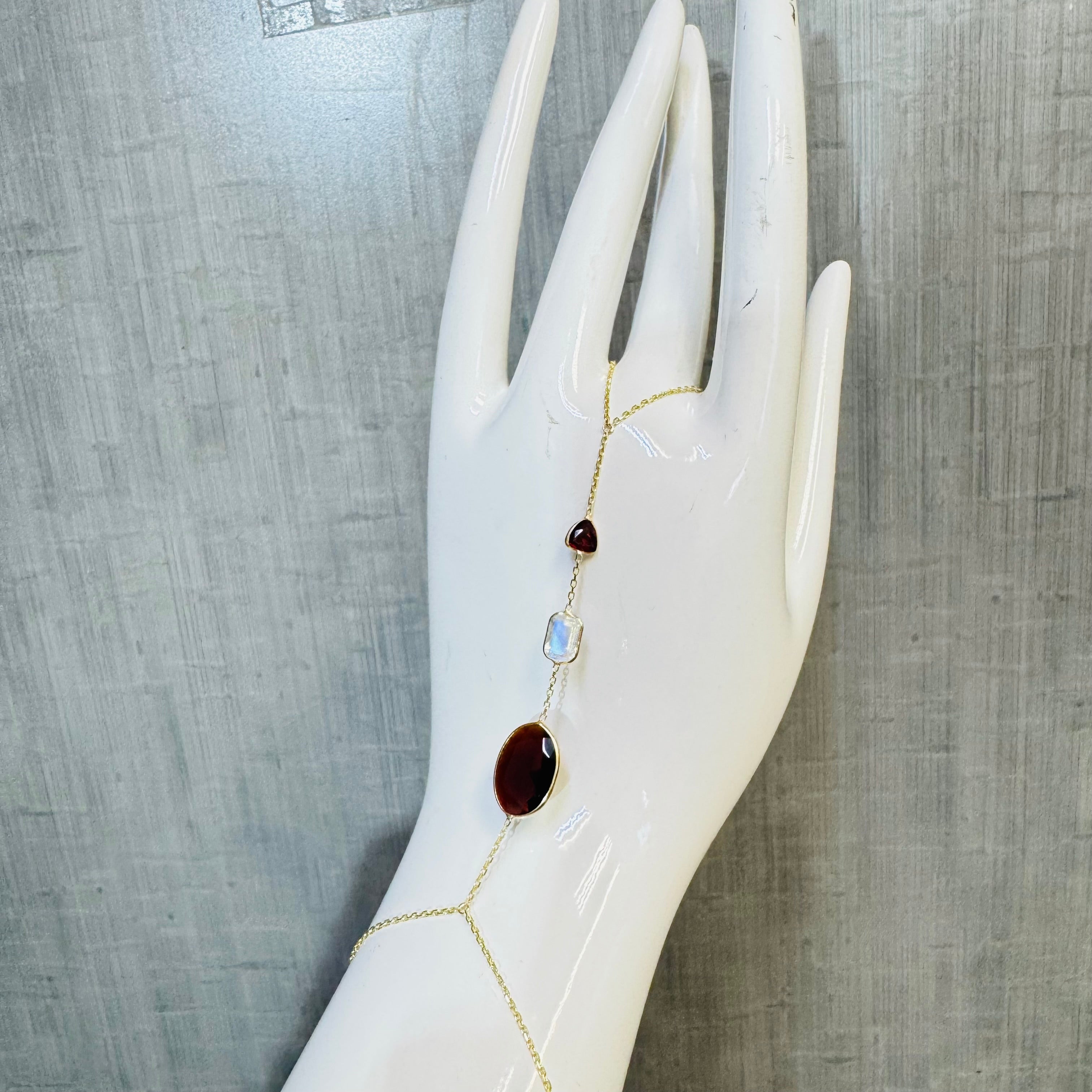 Moonstone Garnet 14K Yellow Gold Handchain