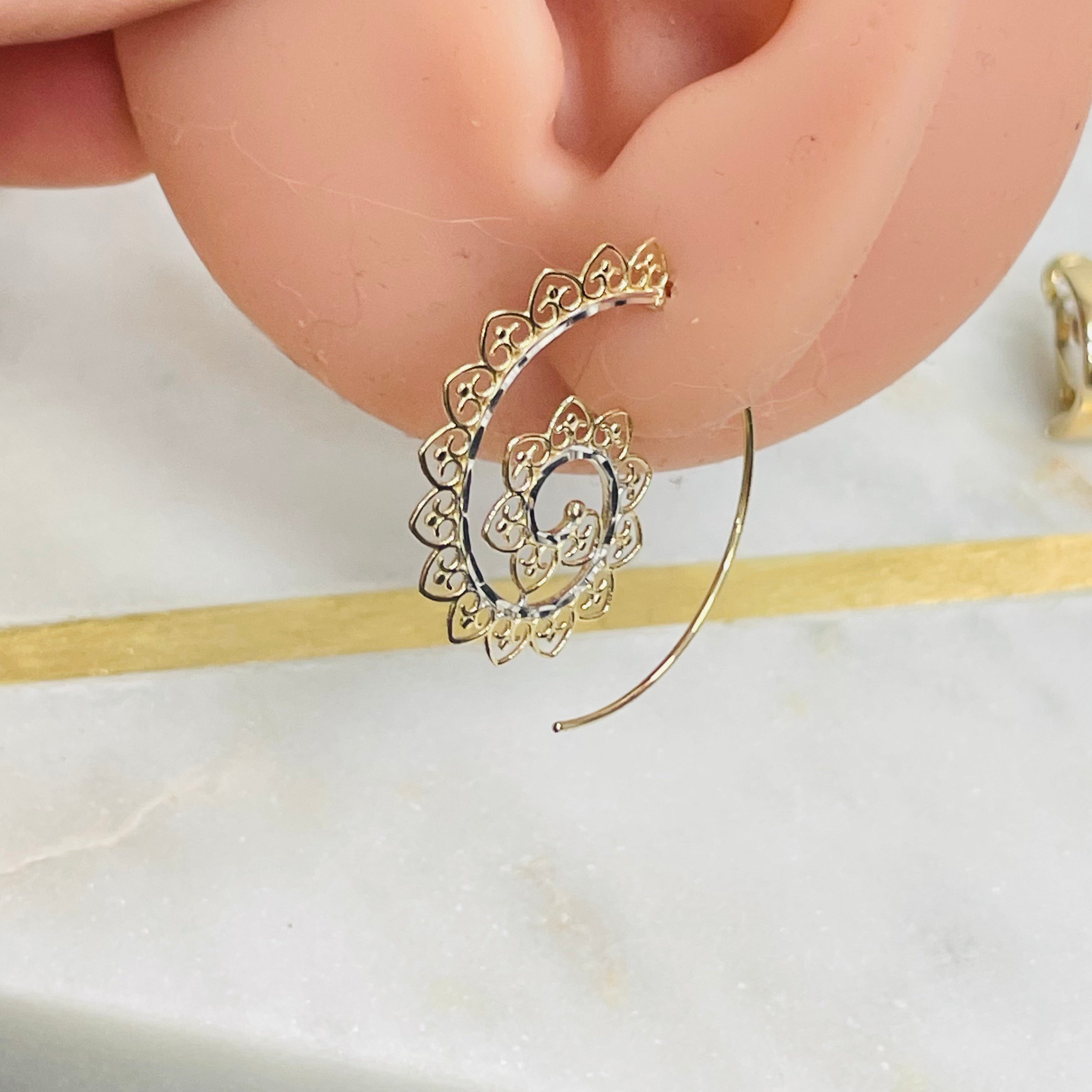 14K Gold Ornate Spiral Earrings
