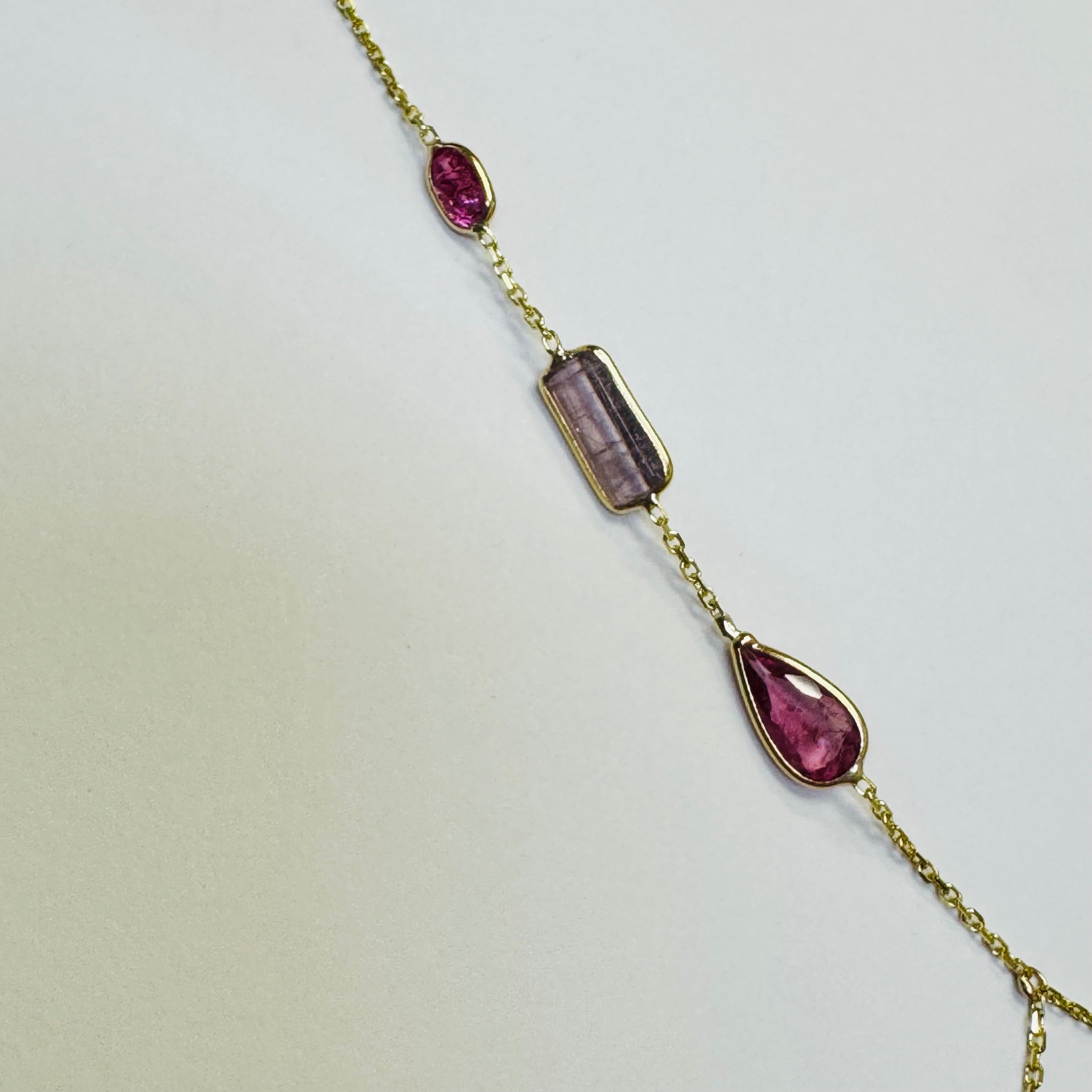 14K Yellow Gold Multi Pink and Purple Tourmaline Handchain