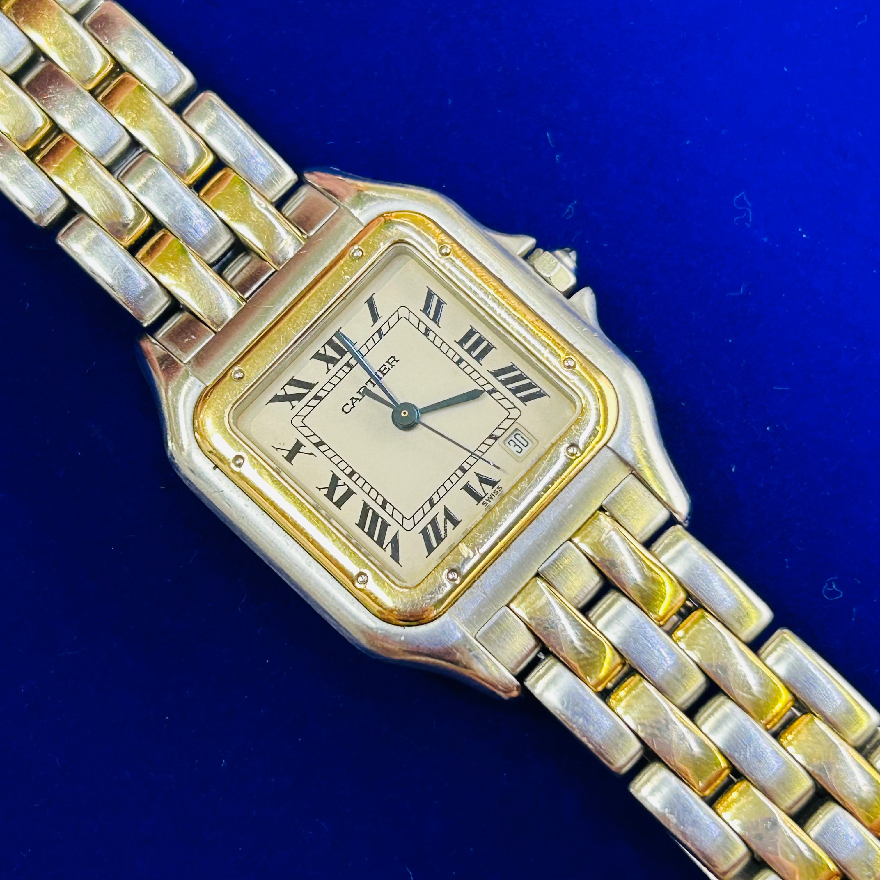 Cartier 18K Yellow Gold & Stainless Steel Panthere Quartz Watch MidSize Two Row