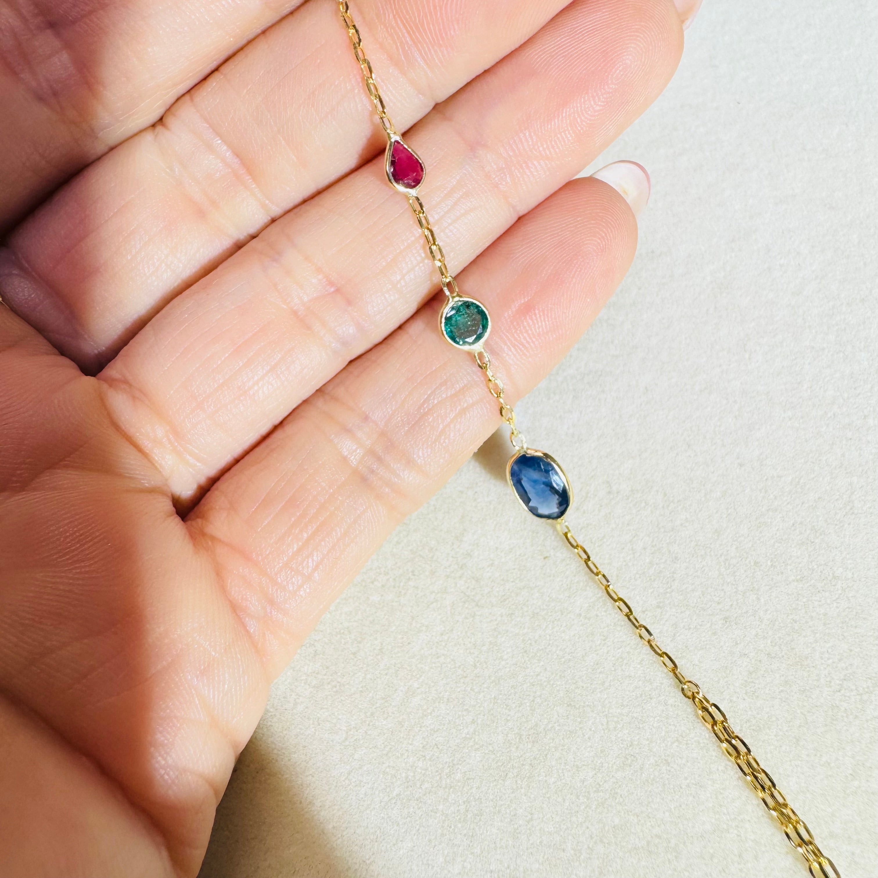 Emerald Ruby and Sapphire 14K Yellow Gold Handchain