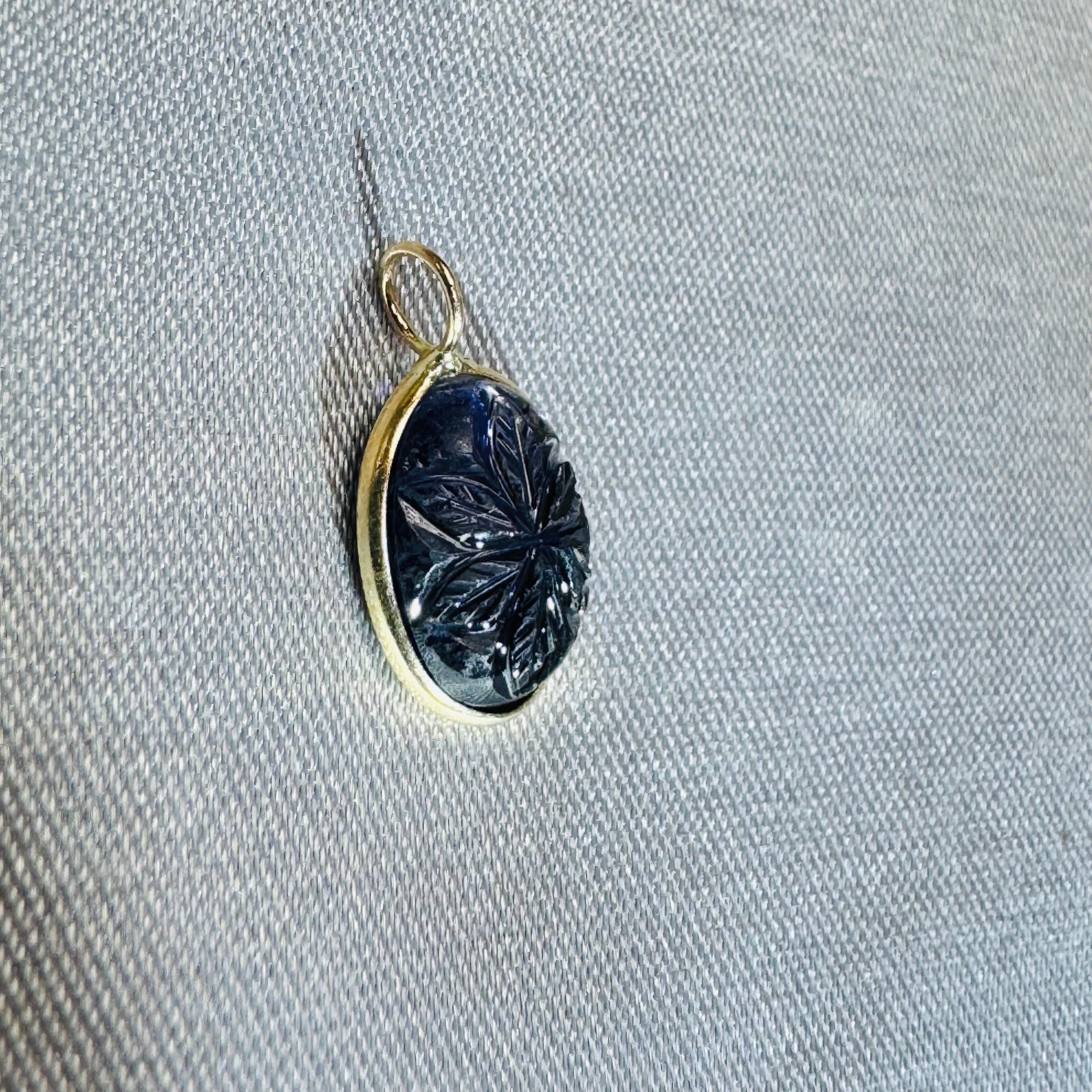 Carved Blue Iolite Pendant 14K Yellow Gold