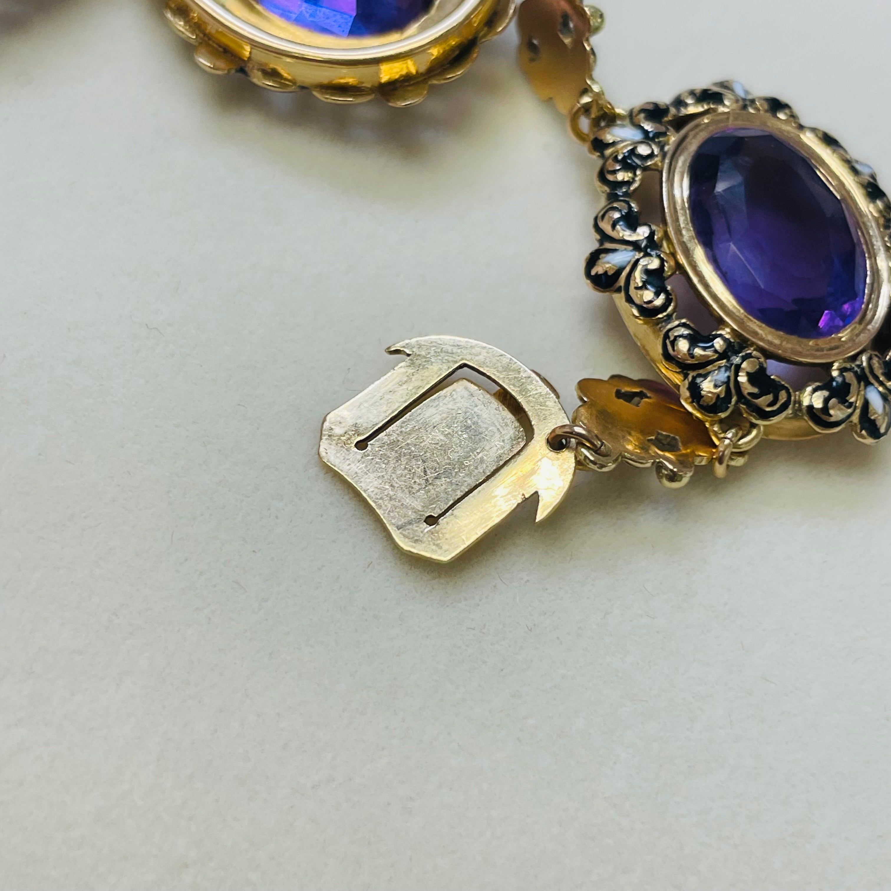 Magnifient! Victorian Necklace Earring Festoon Set 14K Gold Enamel and Amethyst