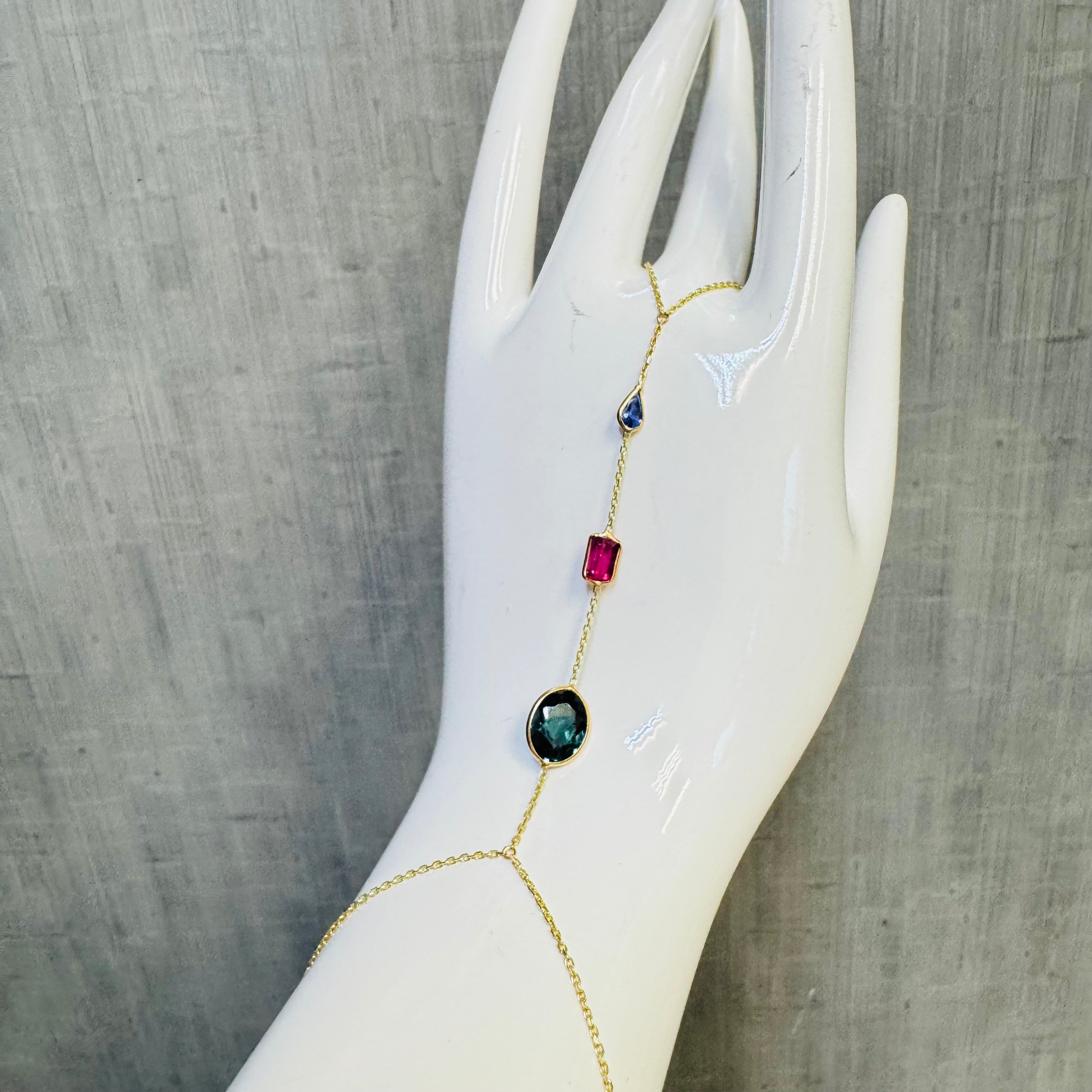 14K Yellow Gold Tanzanite Tourmaline Handchain