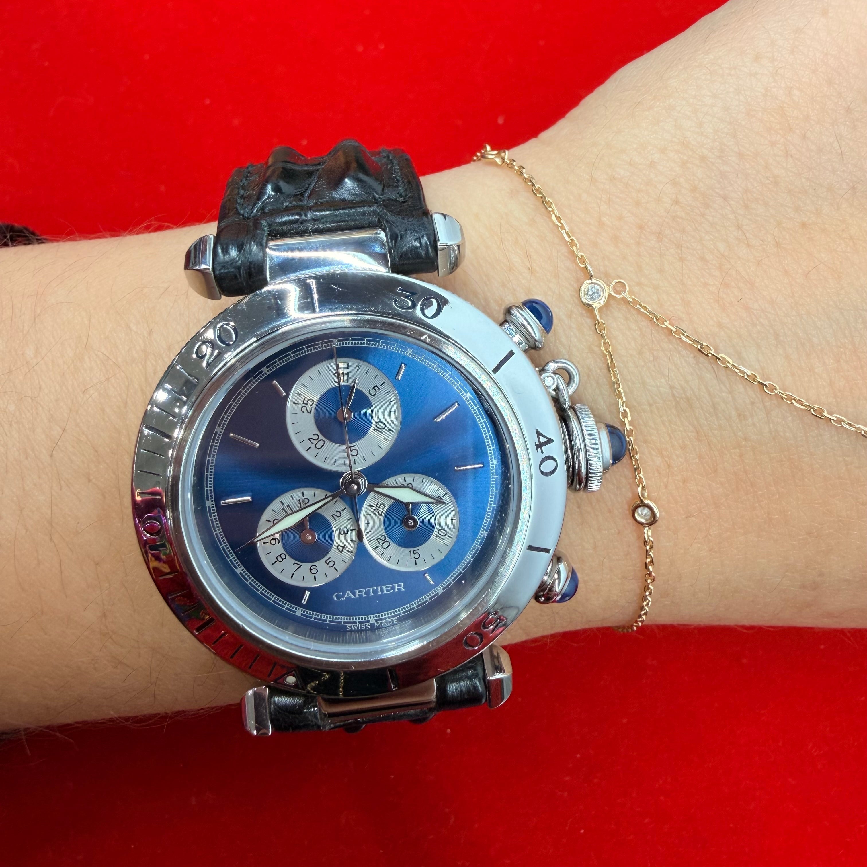 Cartier Pasha Chronograph Blue Dial Black Leather Band ref.1352 1