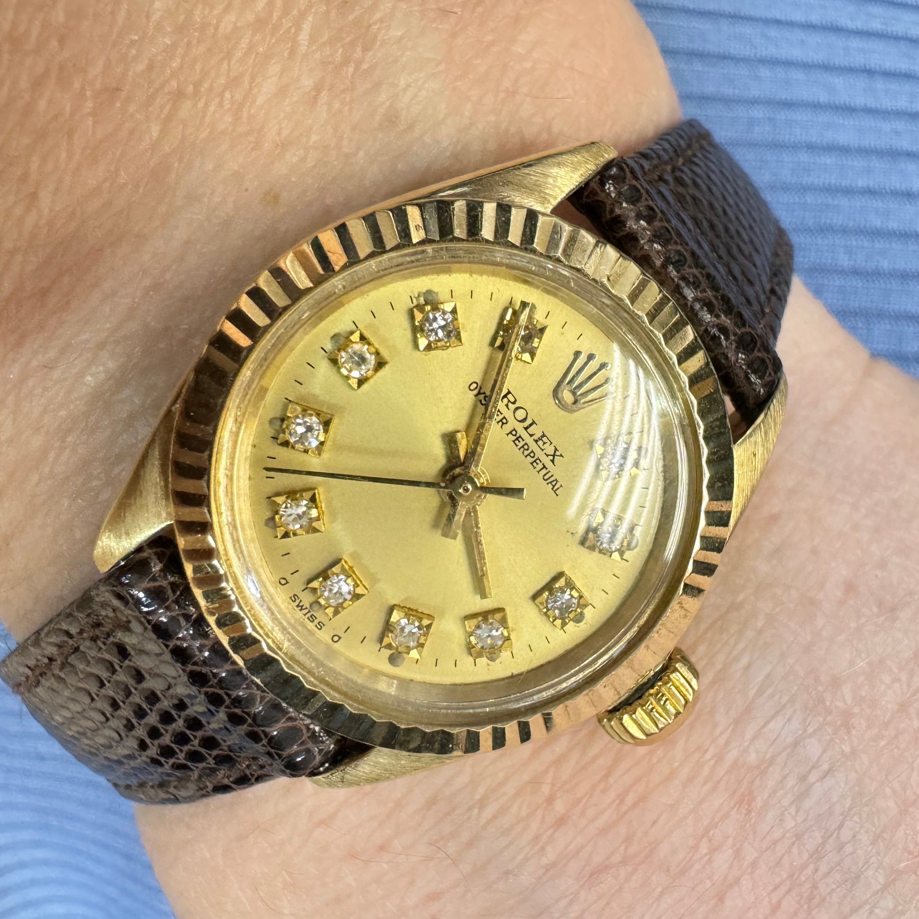 26mm 14K Yellow Gold Vintage Ladies  Rolex Wristwatch with Diamond Dial and Leather Band Watch