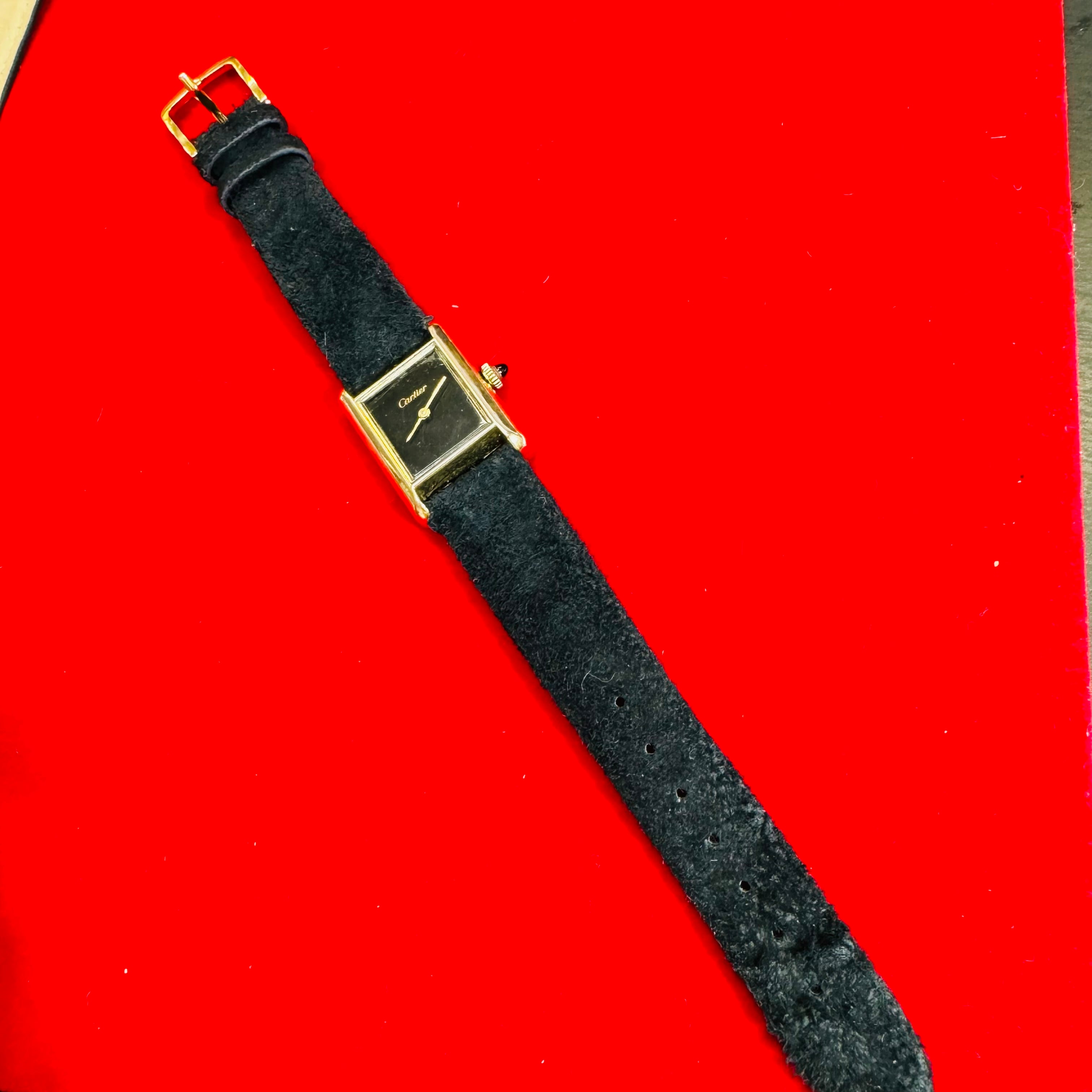 20mm Gold Vermeil Black Face Cartier Tank Wristwatch