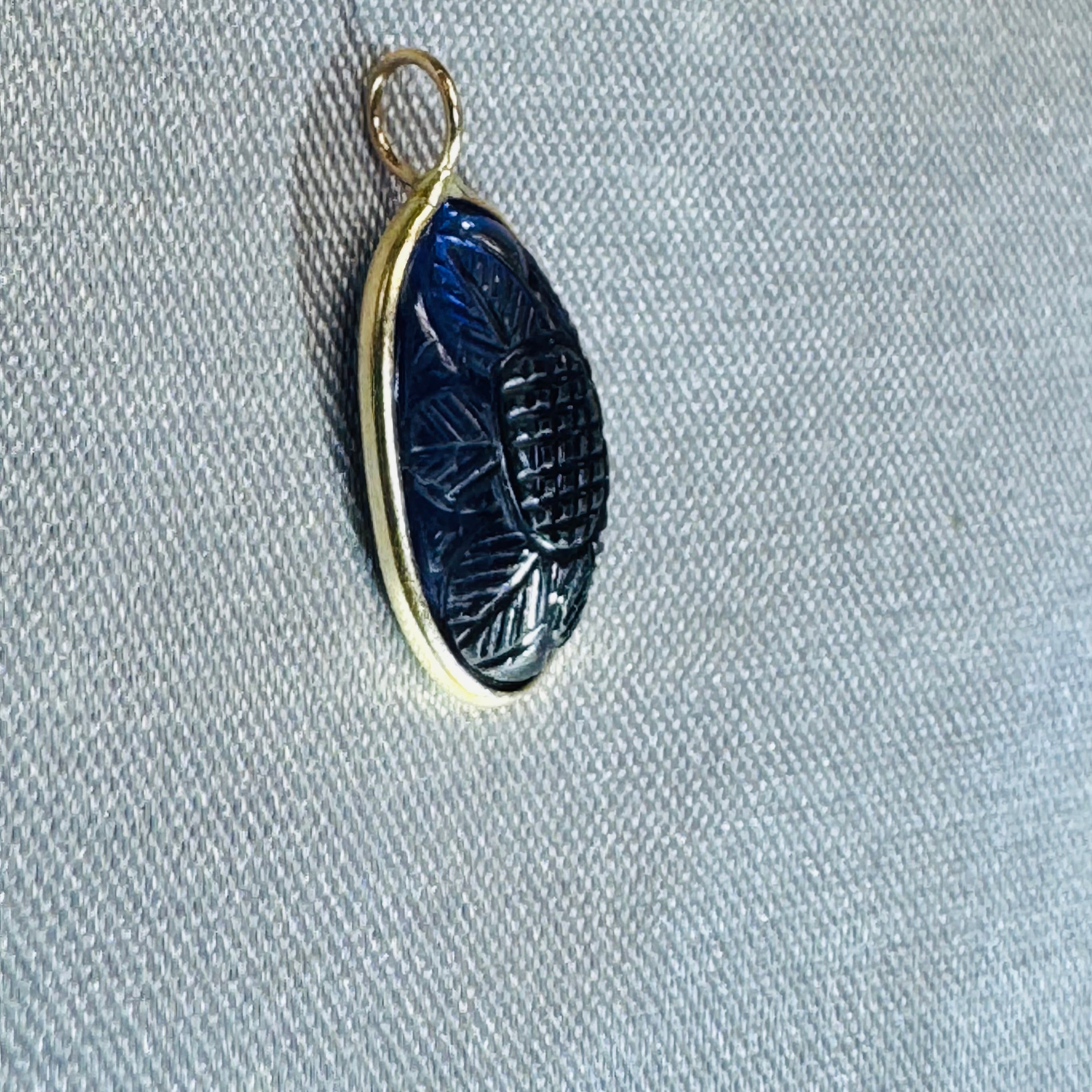 Carved Blue Iolite Pendant 14K Yellow Gold