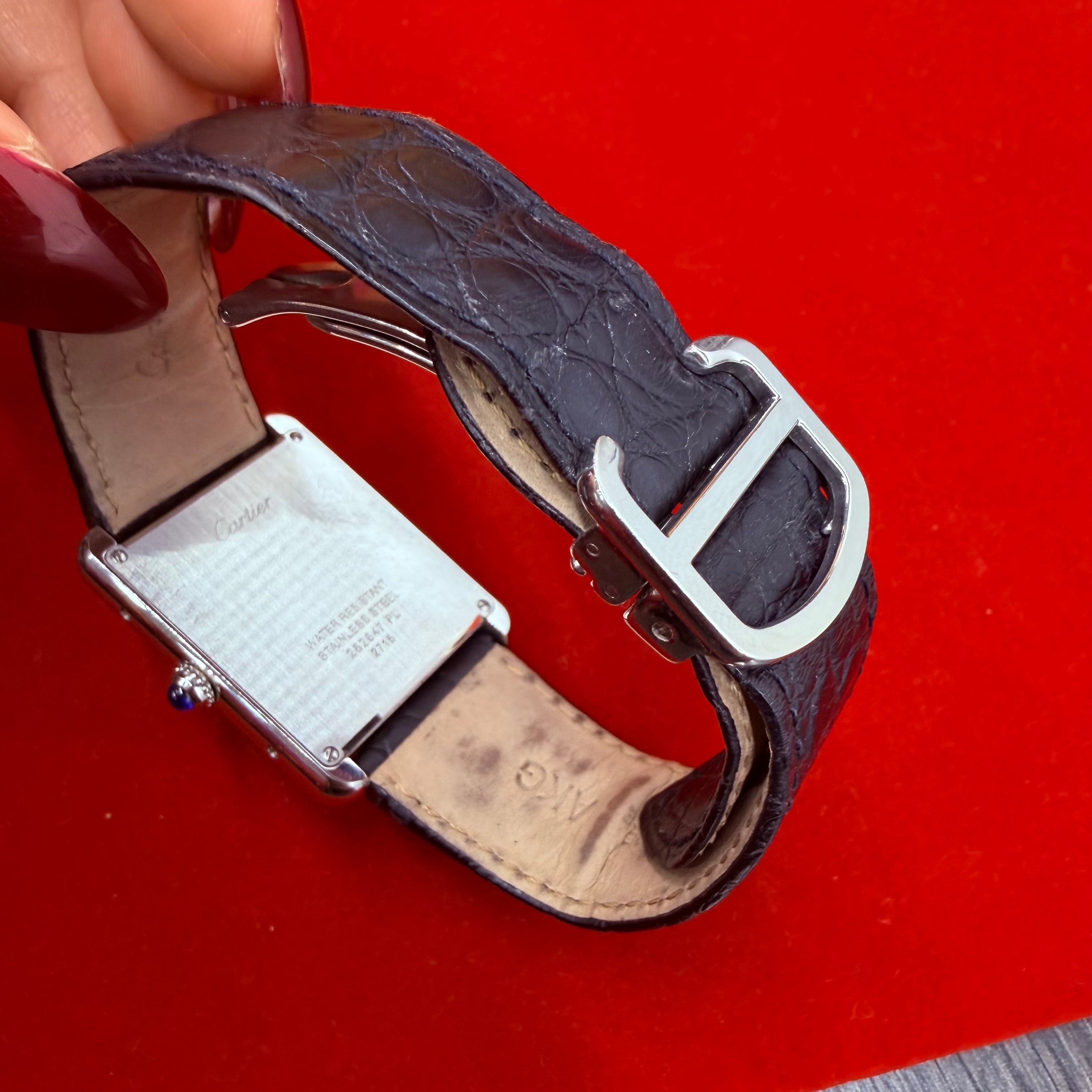 Cartier Tank Solo Large Stainless Steel Black Leather Band Ref.2823 size 7.25”