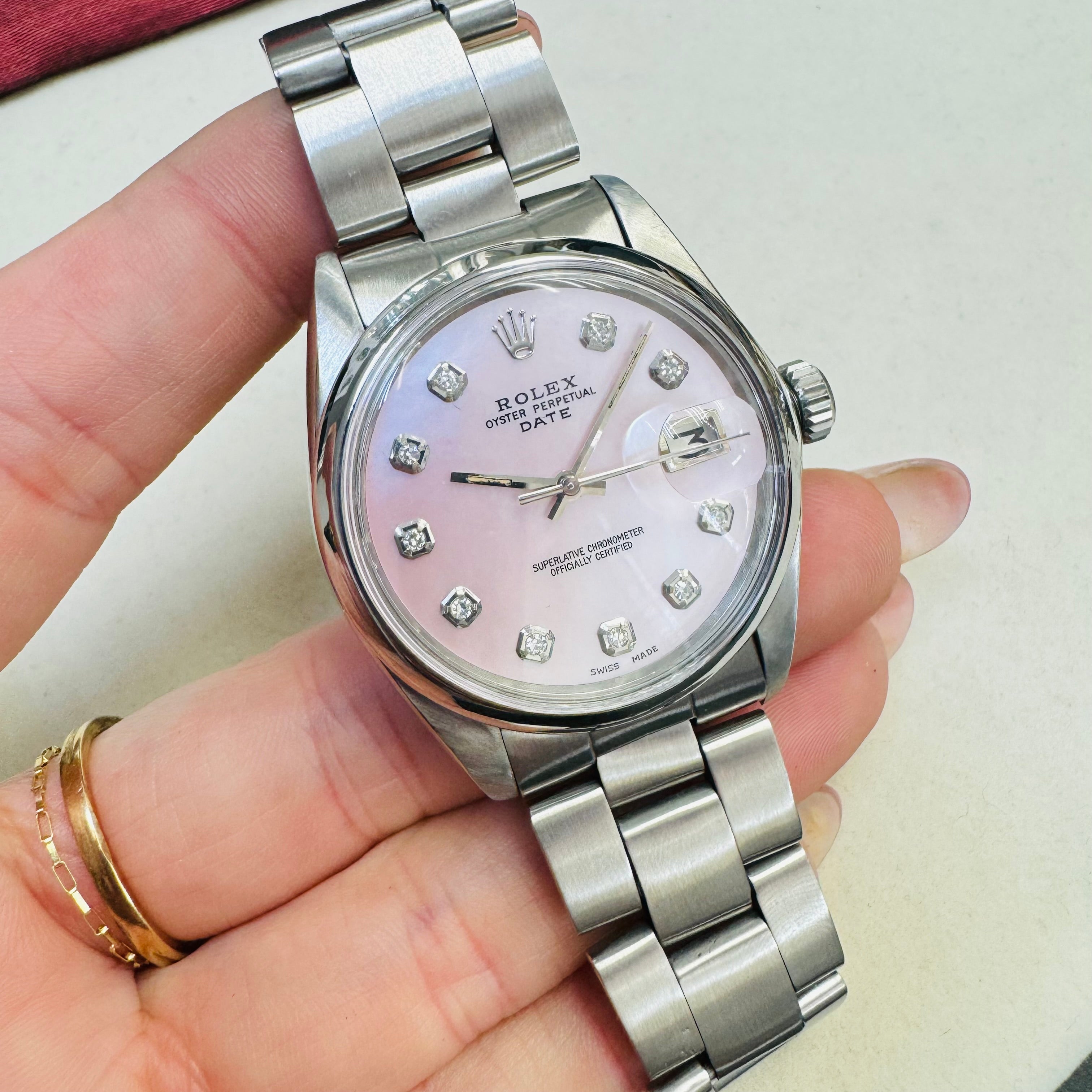 34mm Stainless Rolex Date Pink Mother of Pearl Diamond Dial Watch Year 1974