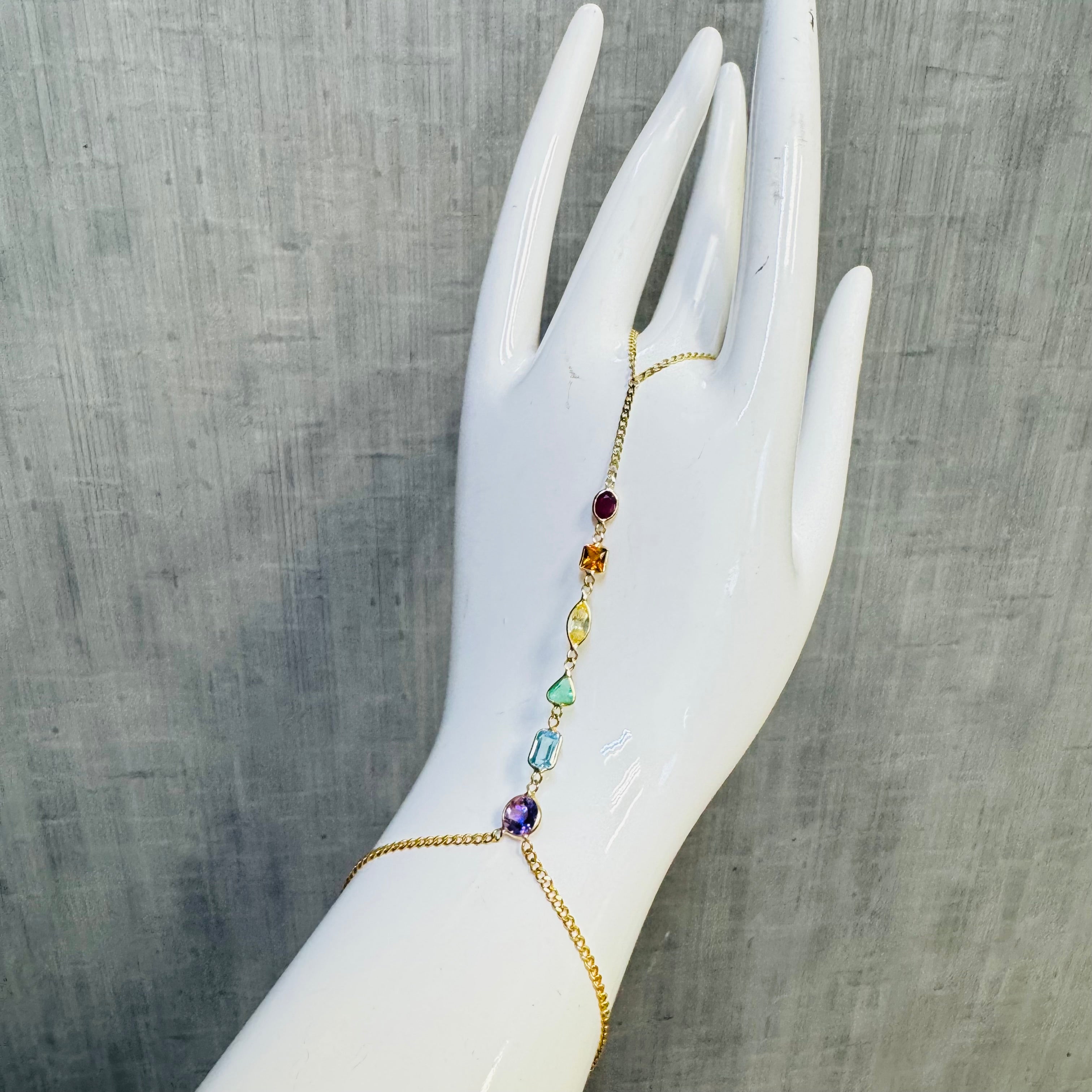14K Yellow Gold Rainbow Gem Handchain