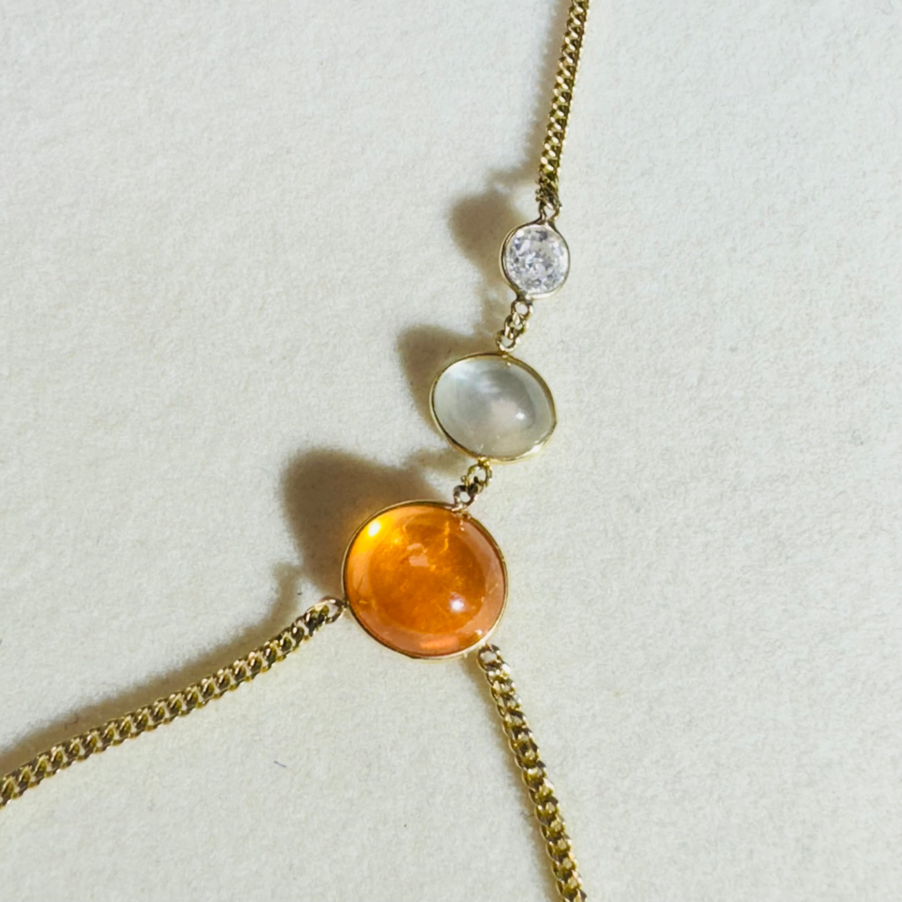 Mandarin Garnet Moonstone and Old Mine Cut Diamond 14K Yellow Gold Hand Chain