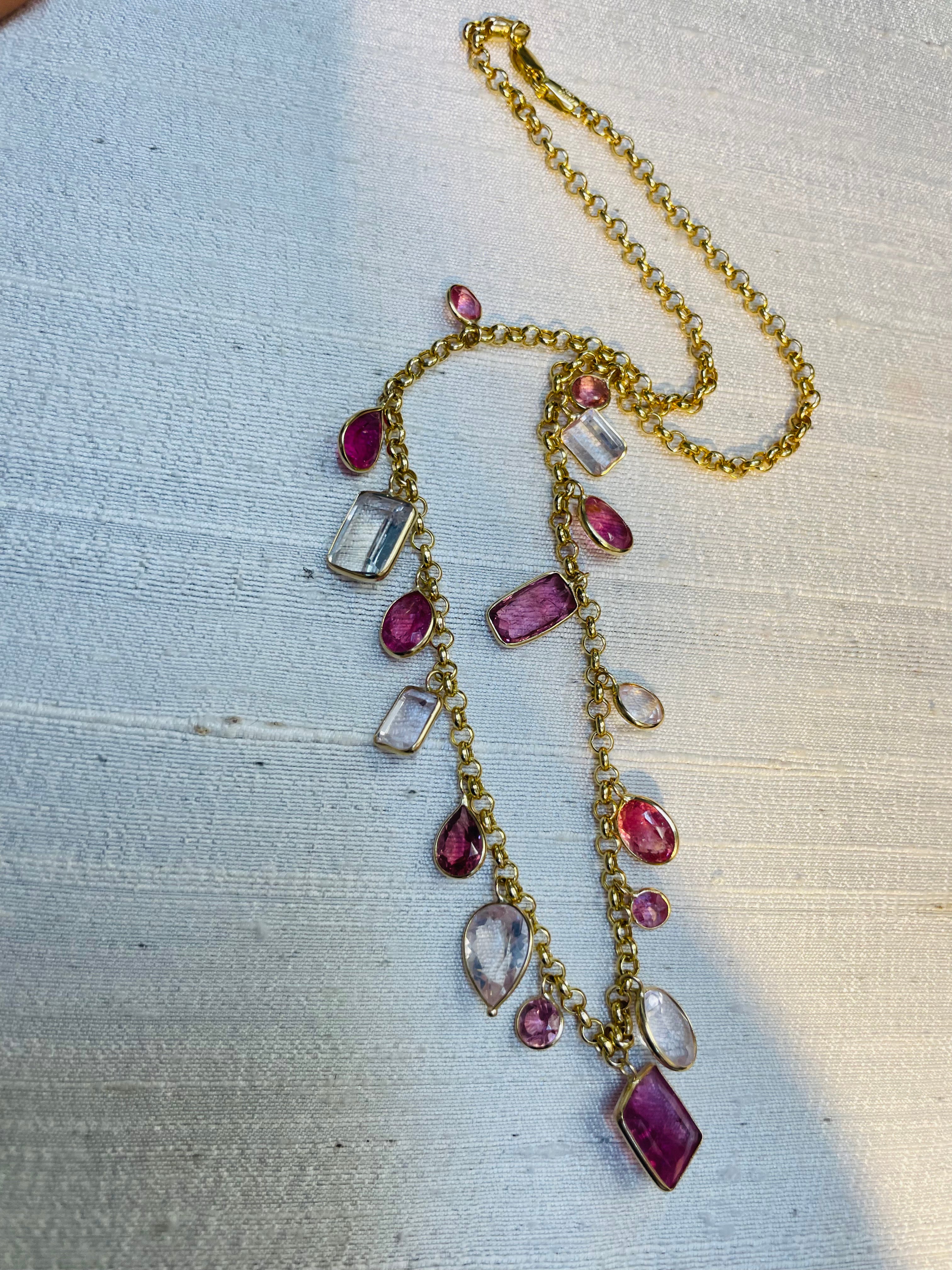 Natural Pink Tourmaline and Kunzite Multi Shape Dangling Necklace 14K Yellow Gold