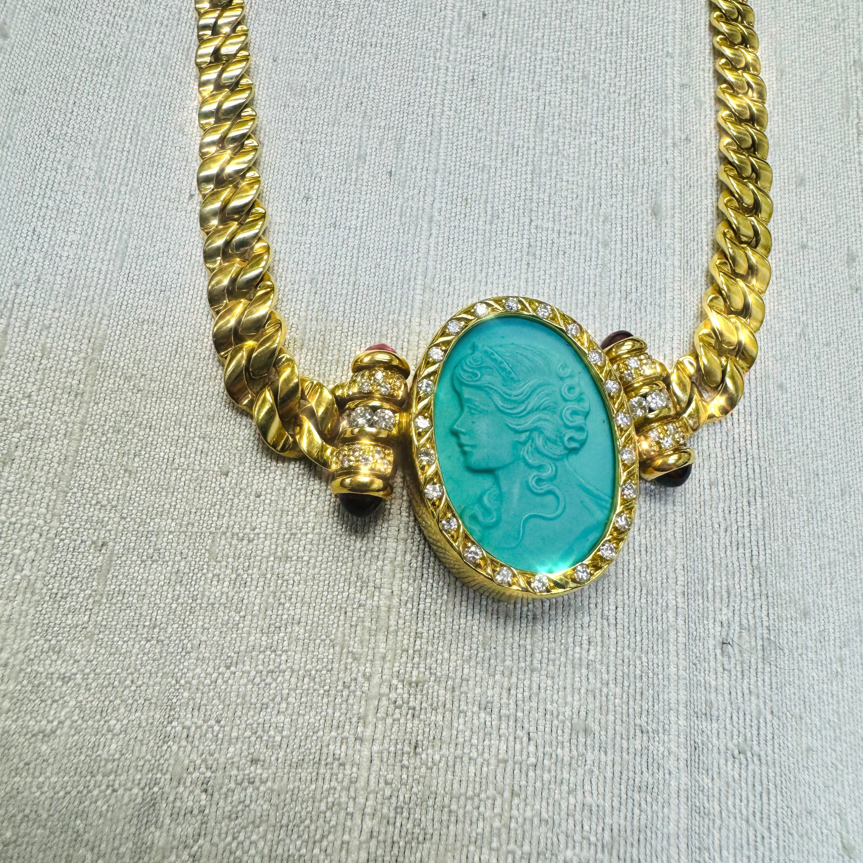 Vintage Persian Turquoise Cameo Necklace on  a Tapered Curb Link Solid 18K Gold