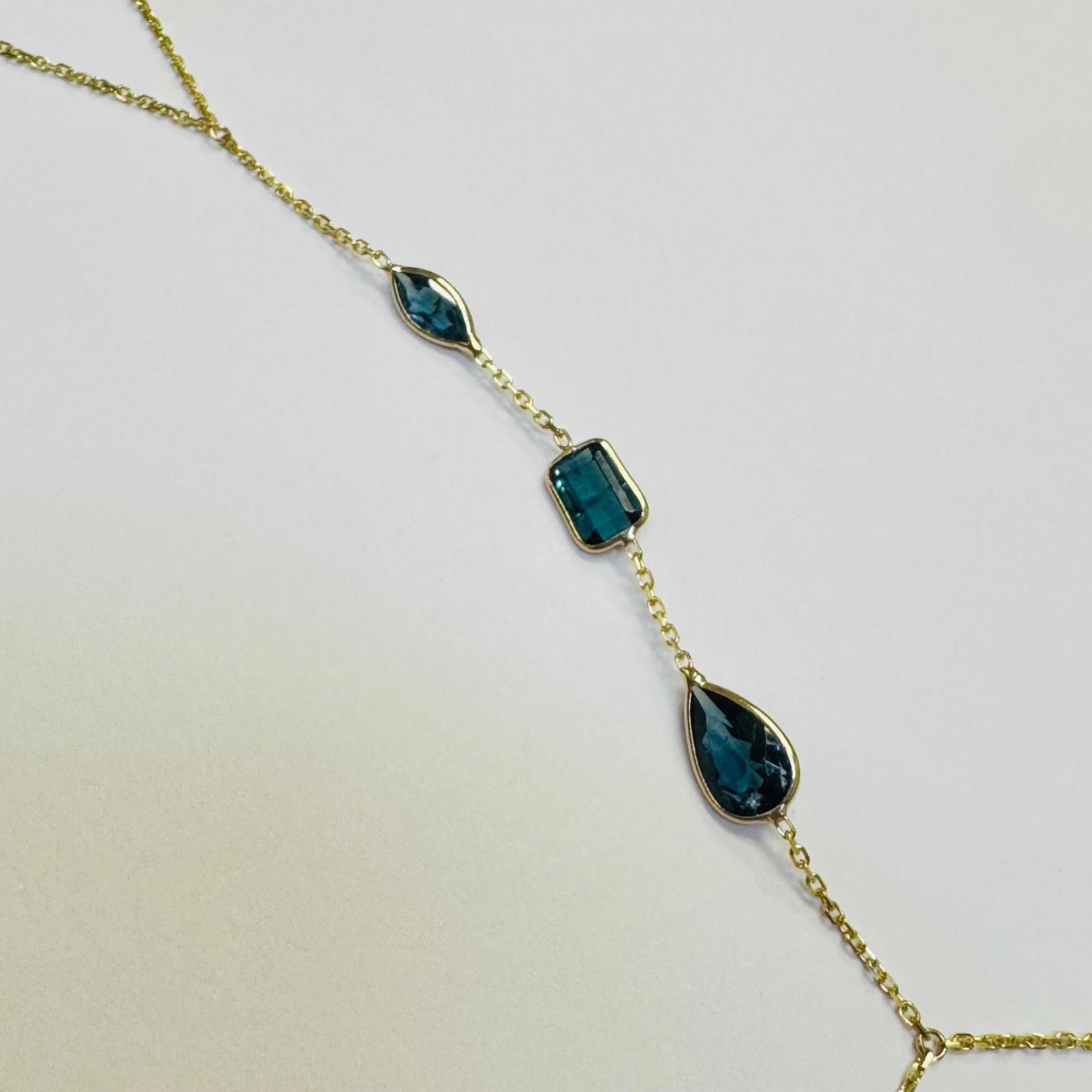 14K Yellow Gold Multi Teal Blue Tourmaline Handchain
