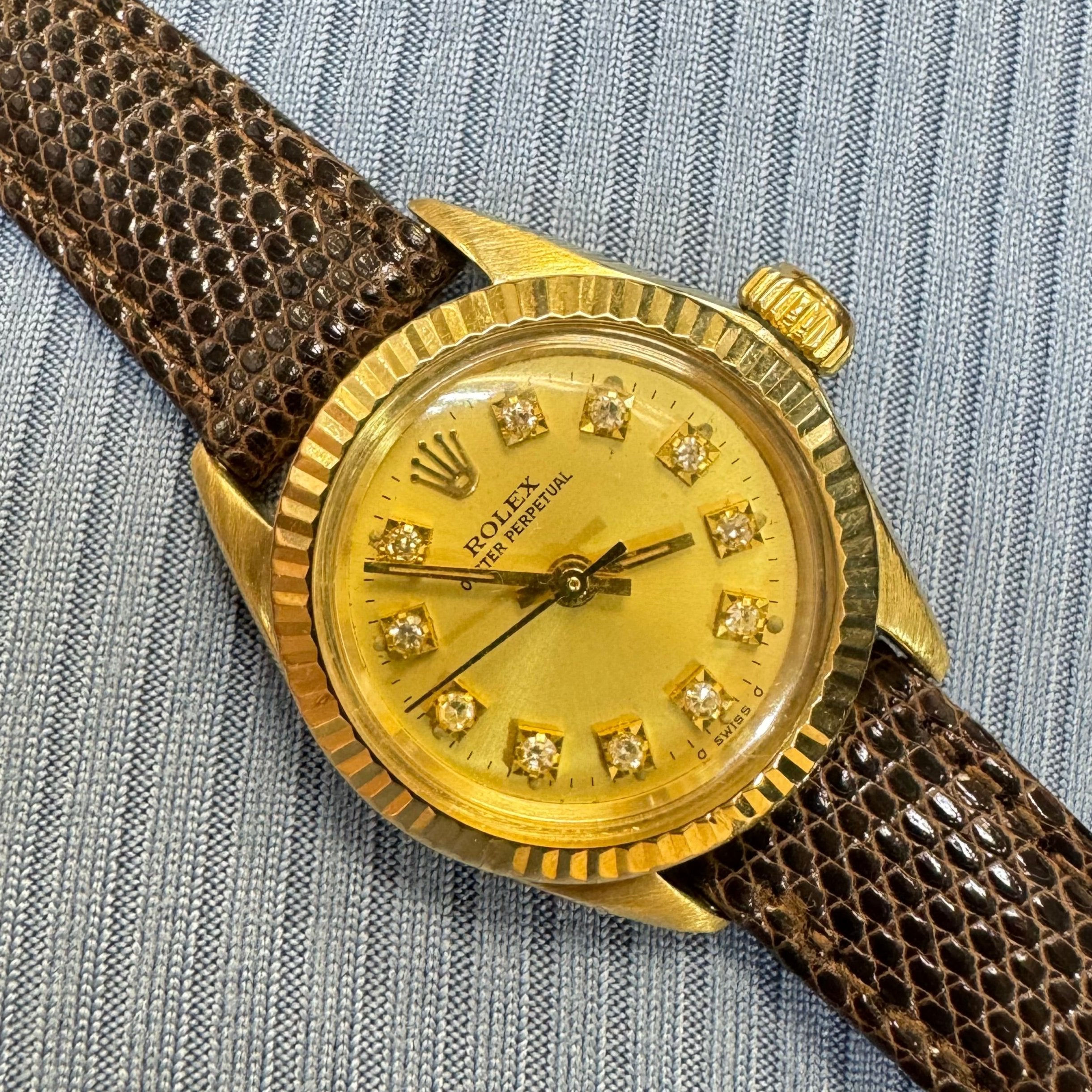 26mm 14K Yellow Gold Vintage Ladies  Rolex Wristwatch with Diamond Dial and Leather Band Watch