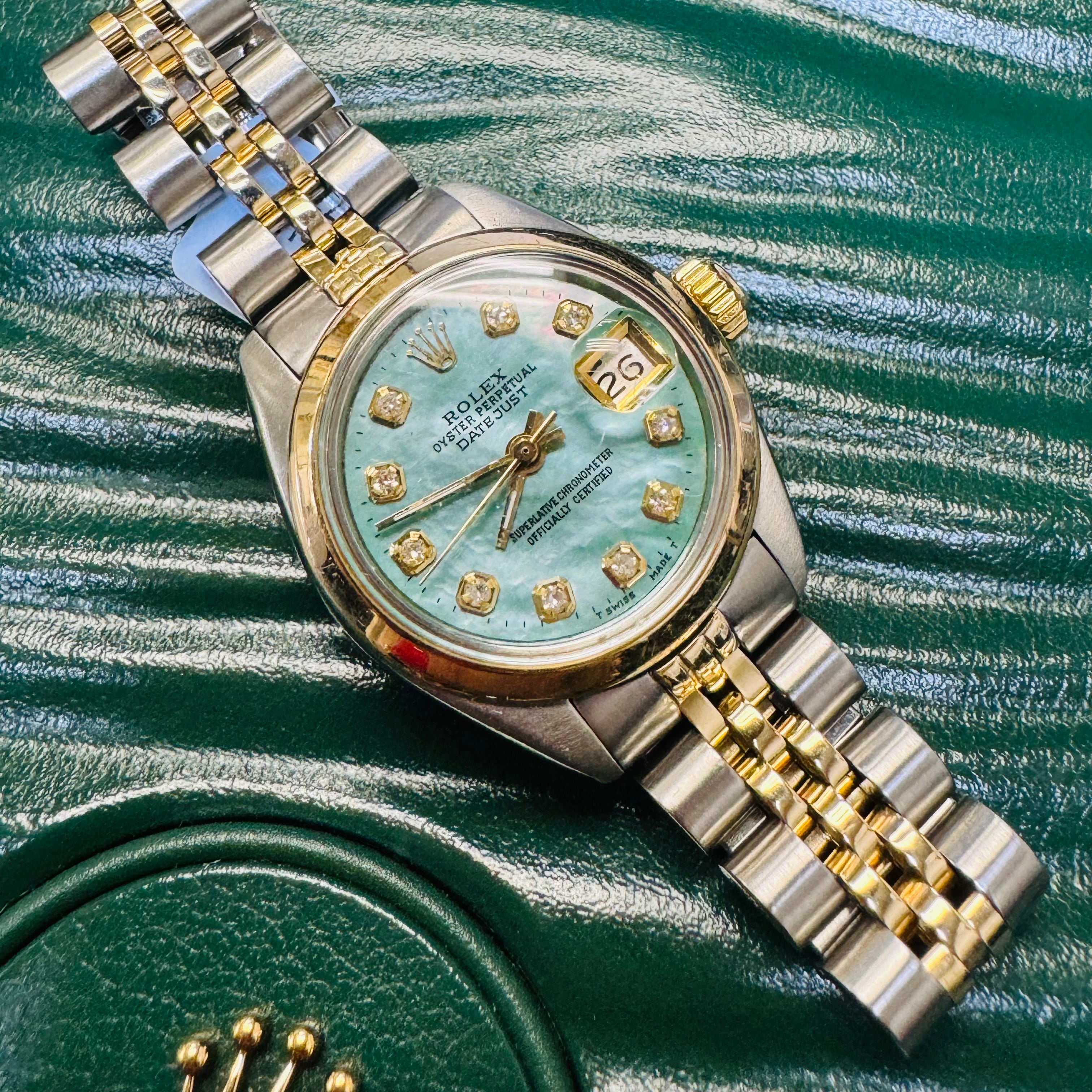 26mm Two Tone Rolex Watch with Teal Mother of Pearl Dial