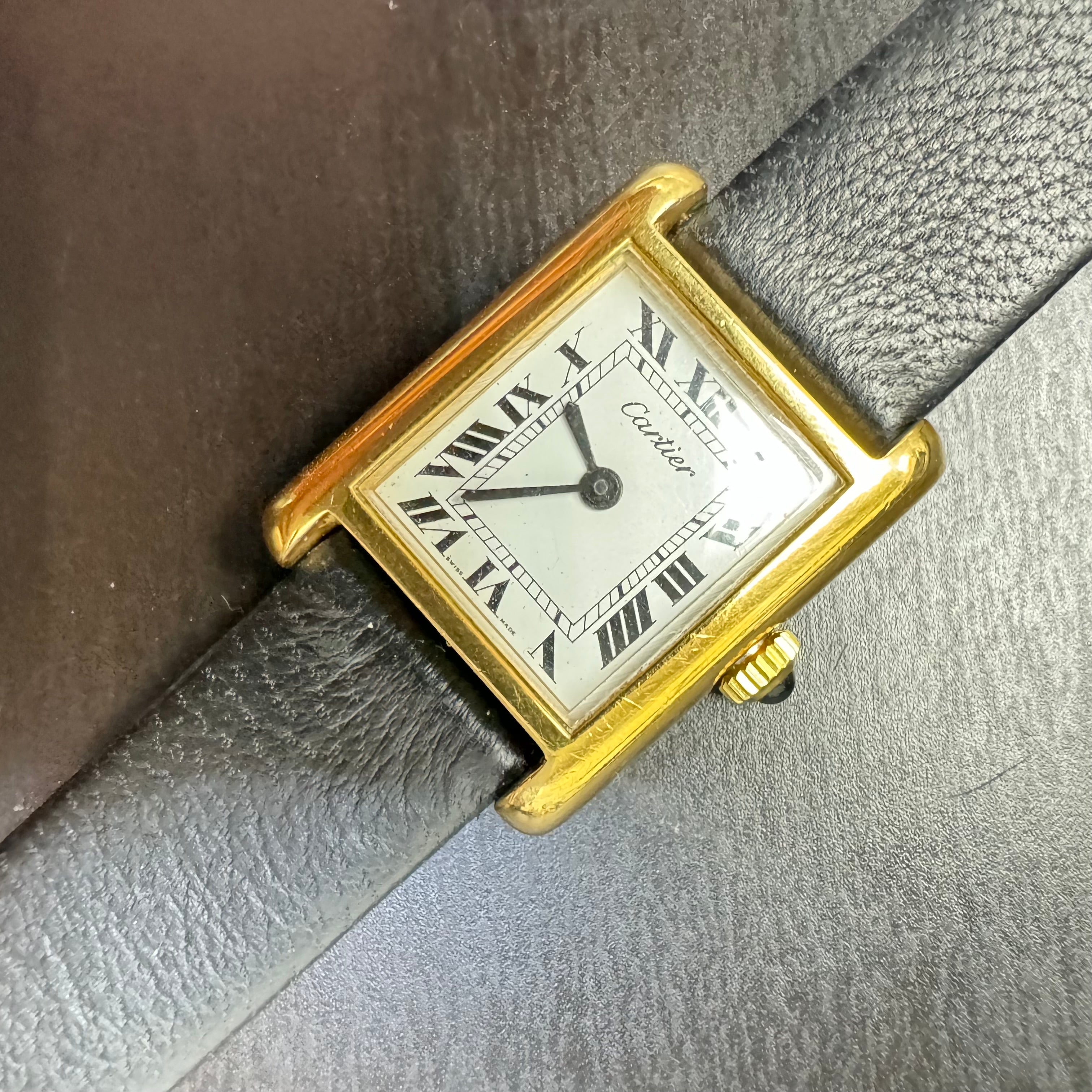 23mm Cartier Yellow Gold Vermeil Tank Wrist Watch with White Roman Numeral Dial