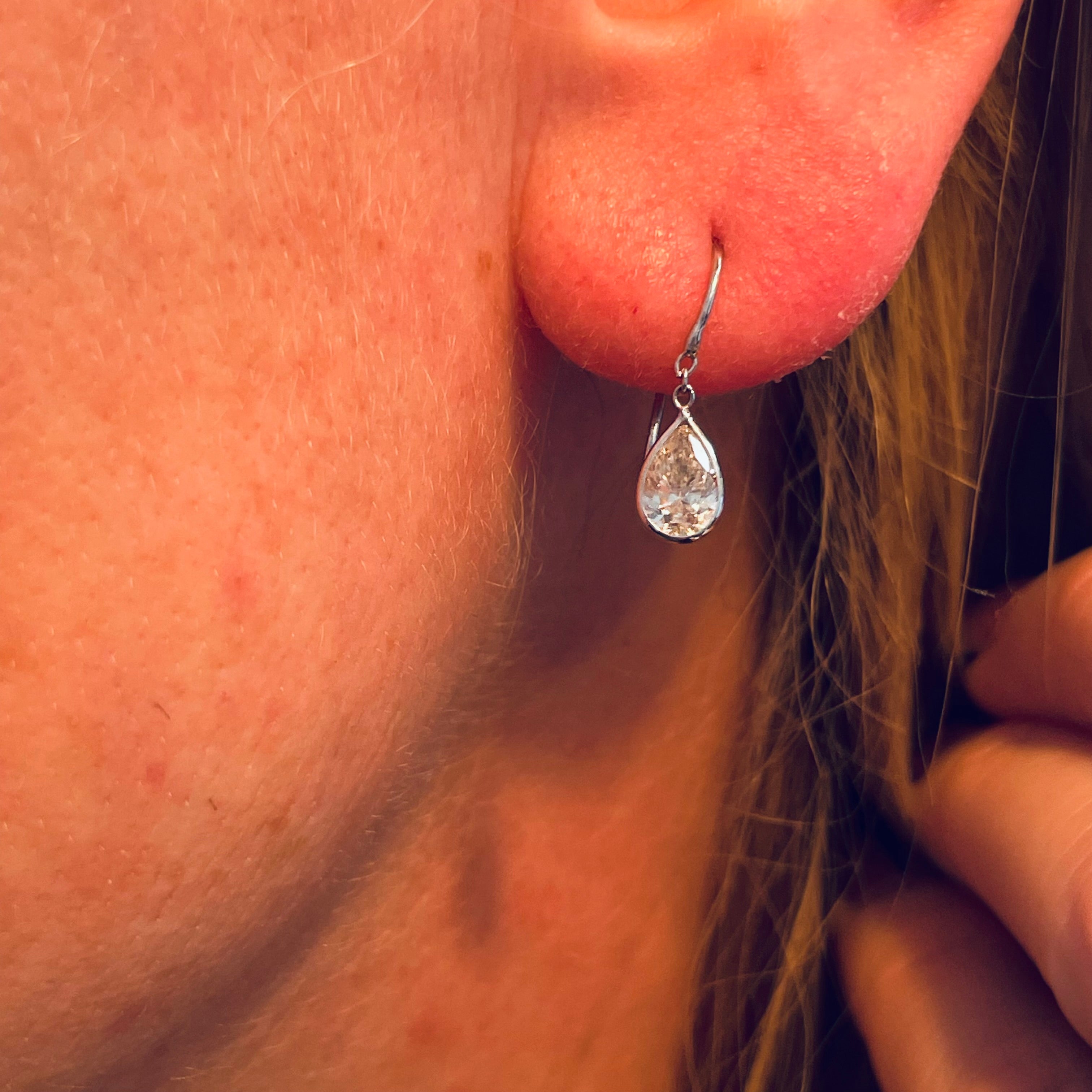 1CTW Diamond Bezeled Pear Shape 14K White Gold Dangling Earrings