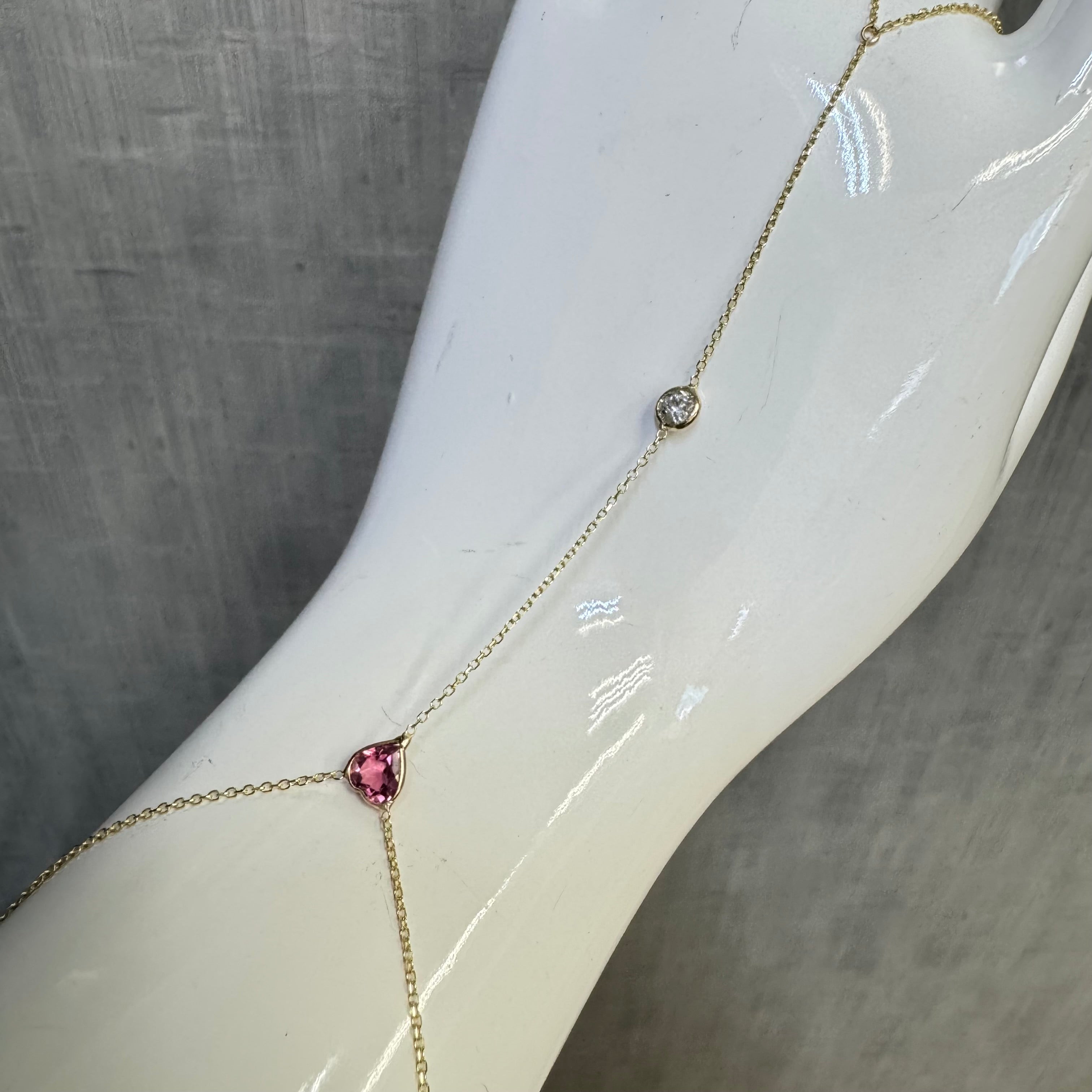 14K Yellow Gold Tourmaline Heart and Diamond Handchain