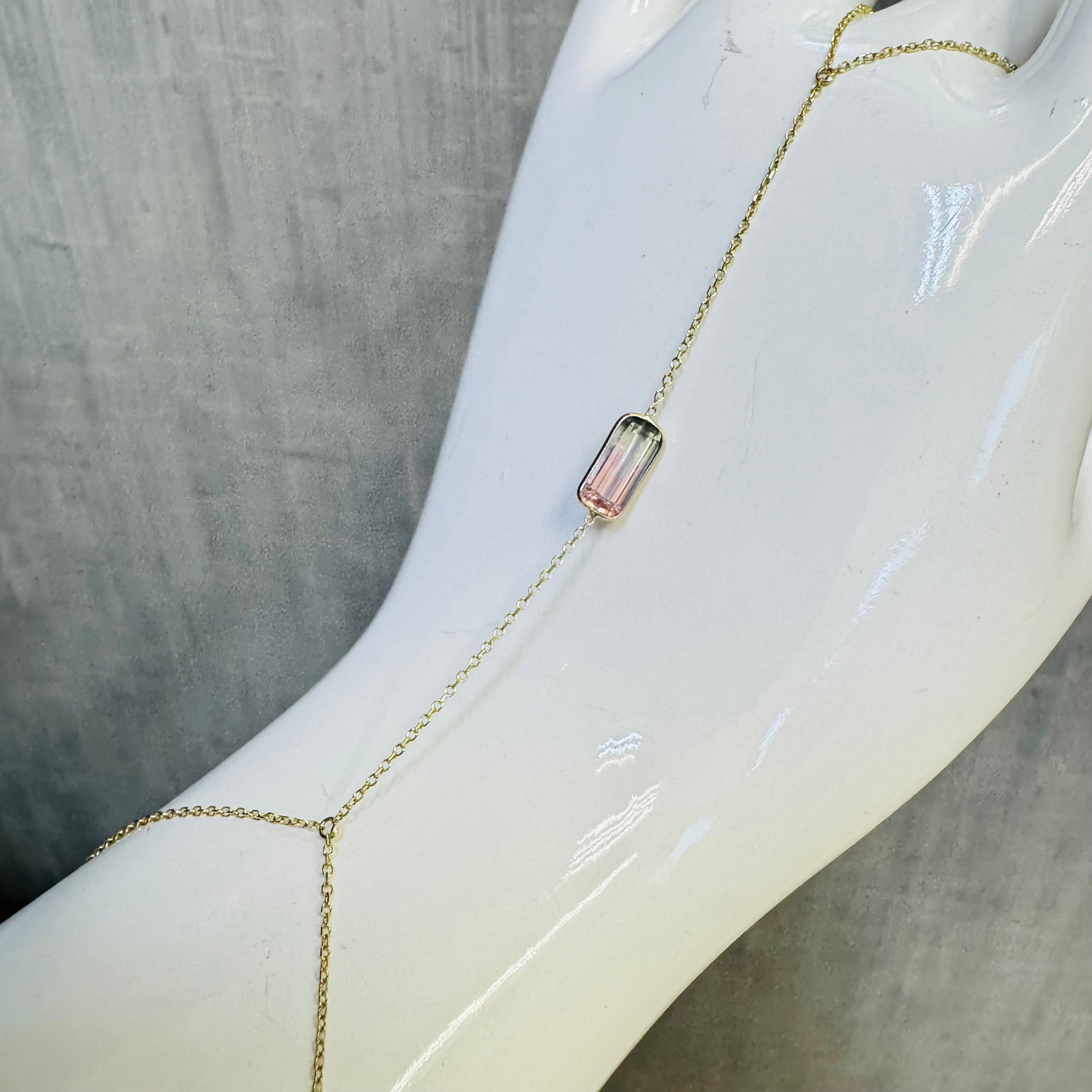 14K Yellow Gold Green and Pink Bi Color Tourmaline Handchain