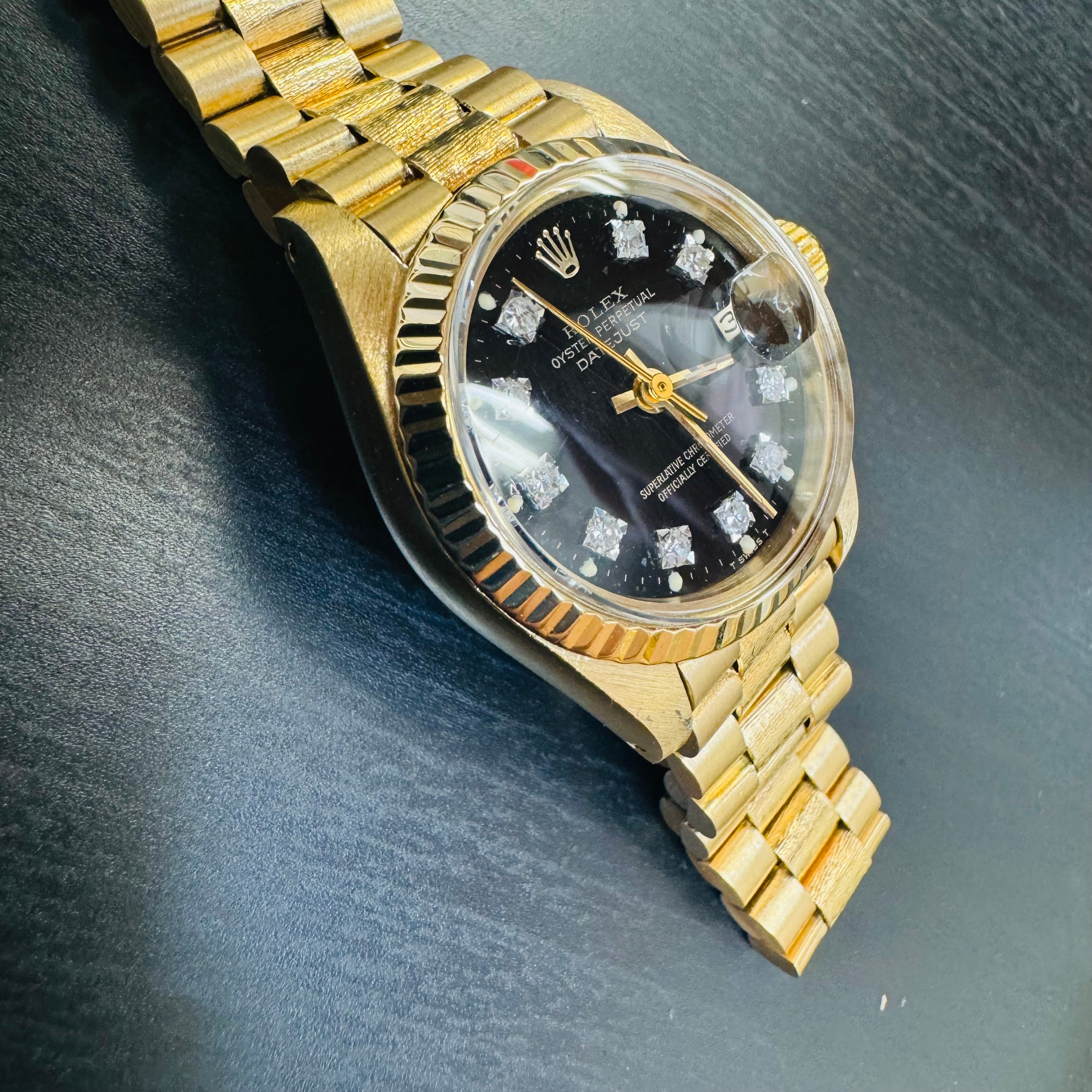 26mm 18K Yellow Gold Vintage Ladies Rolex President Wristwatch with Diamond Dial