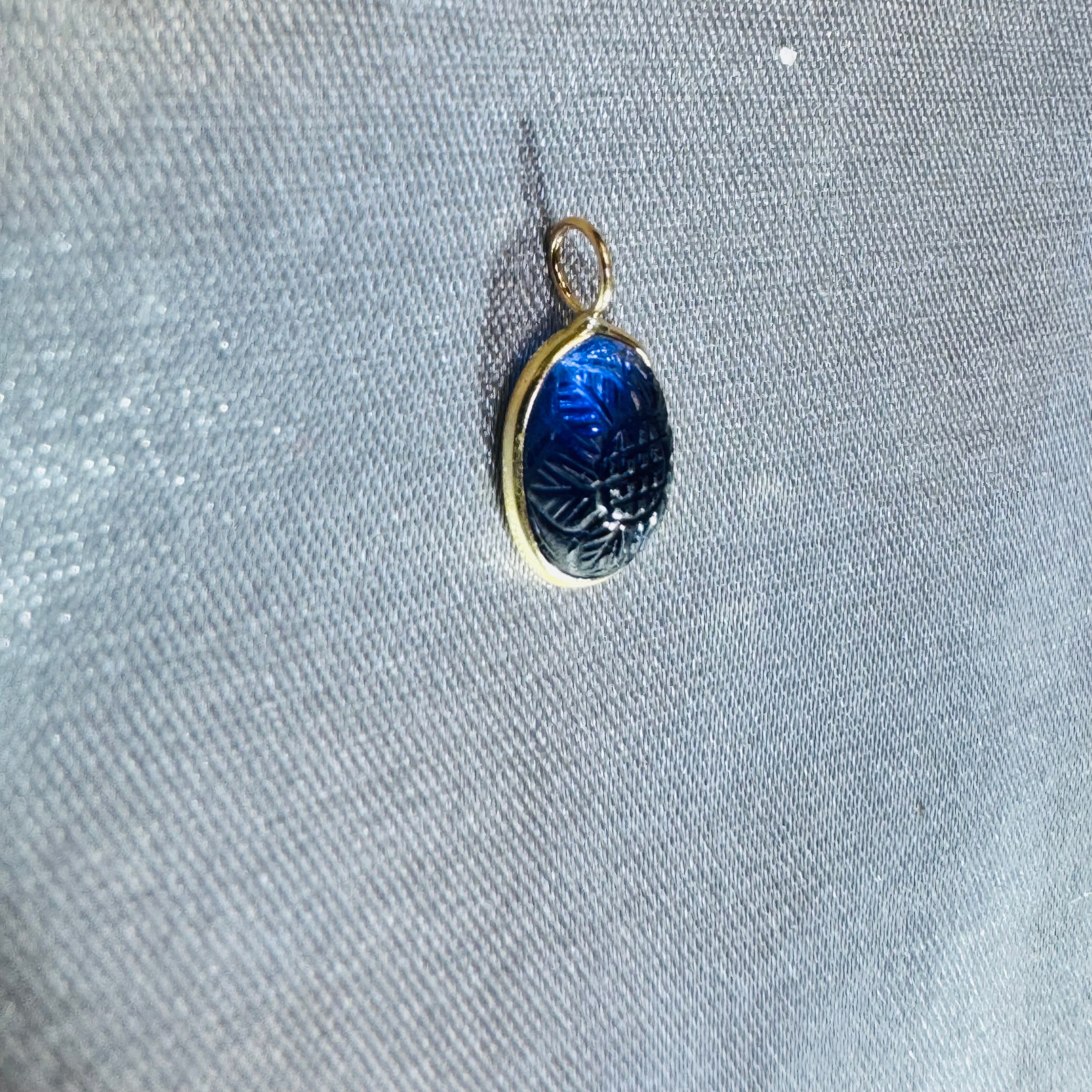 Carved Blue Iolite Pendant 14K Yellow Gold