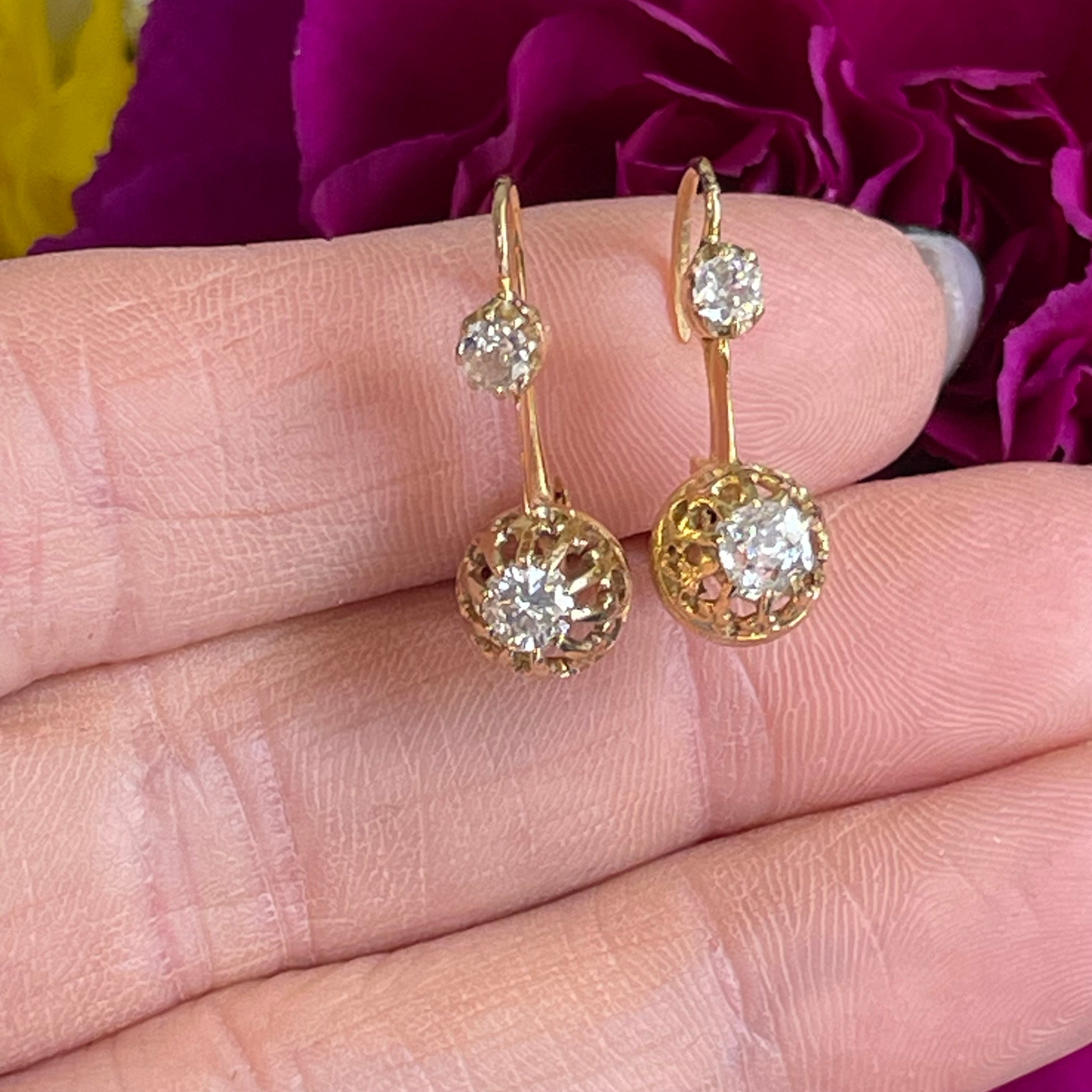 Old Mine Cut Diamond 18K Yellow Gold Antique Victorian Leverback Earrings