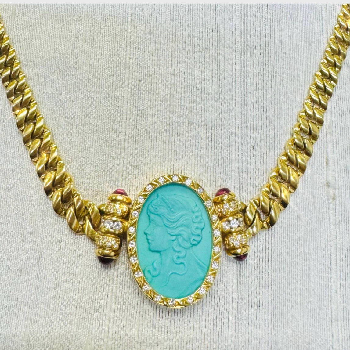 Vintage Persian Turquoise Cameo Necklace on  a Tapered Curb Link Solid 18K Gold