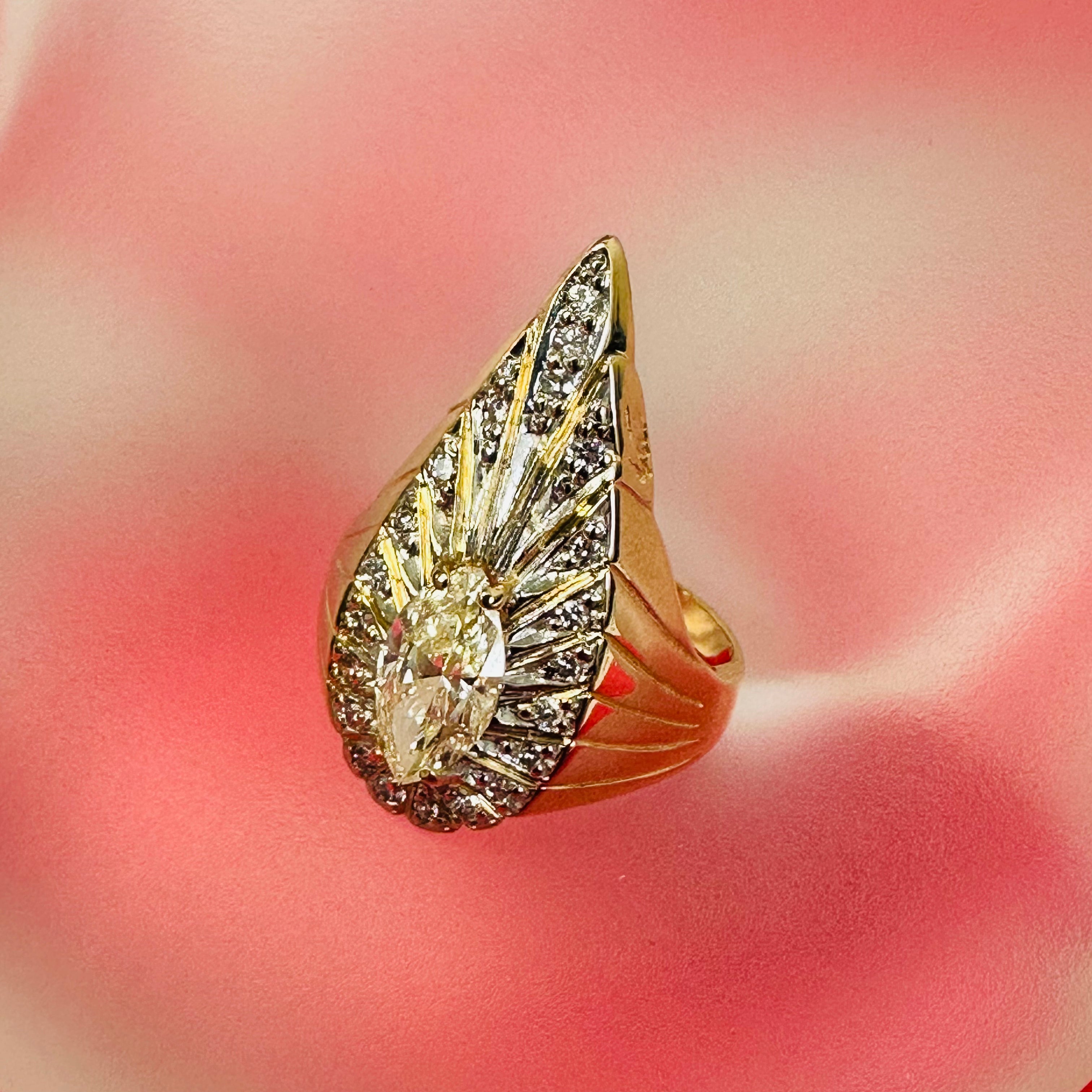 14K Yellow Gold Vintage Erte Diamond Ring With Marquise In Center