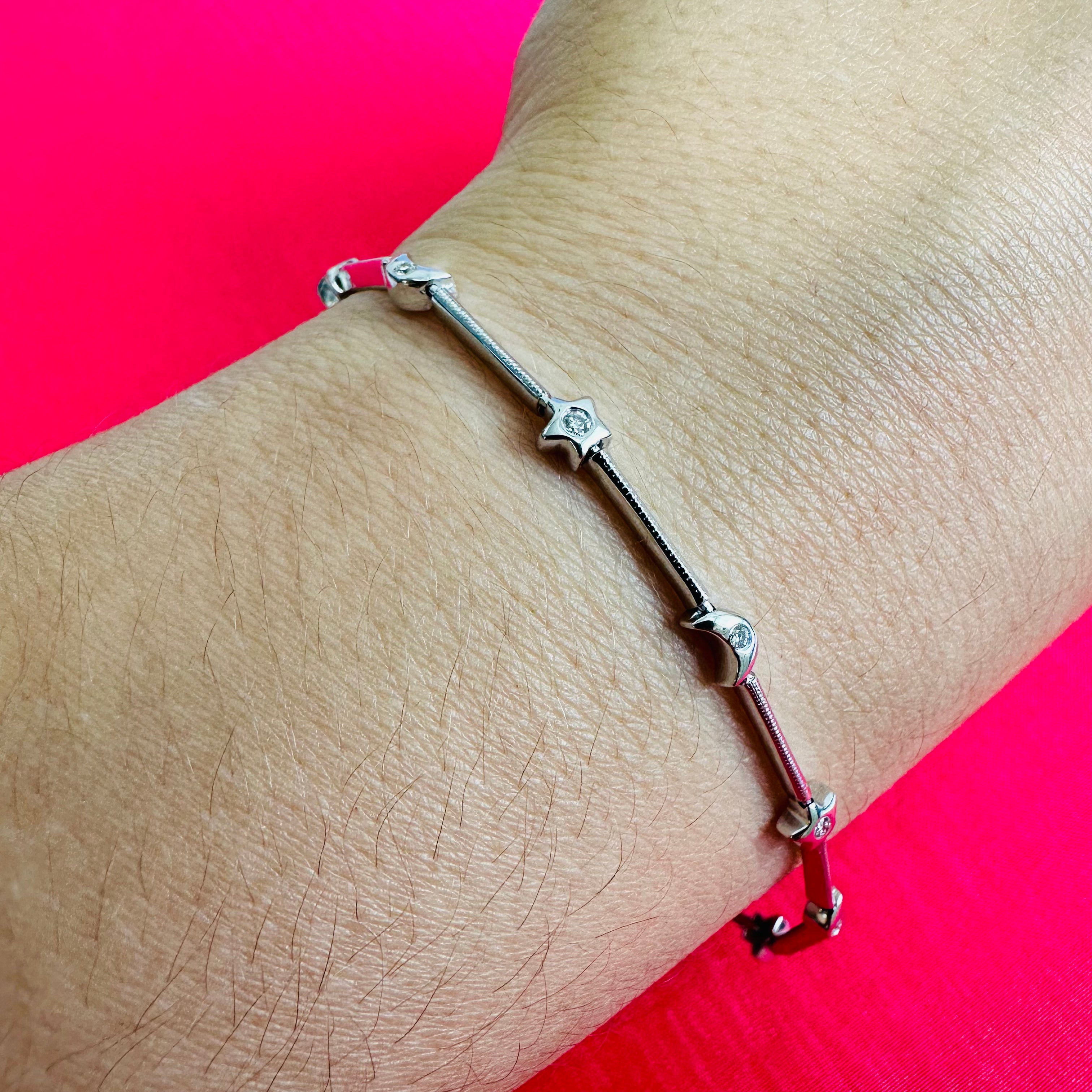 6.5” 18K Thin Elegant Star And Moon White Gold Bracelet